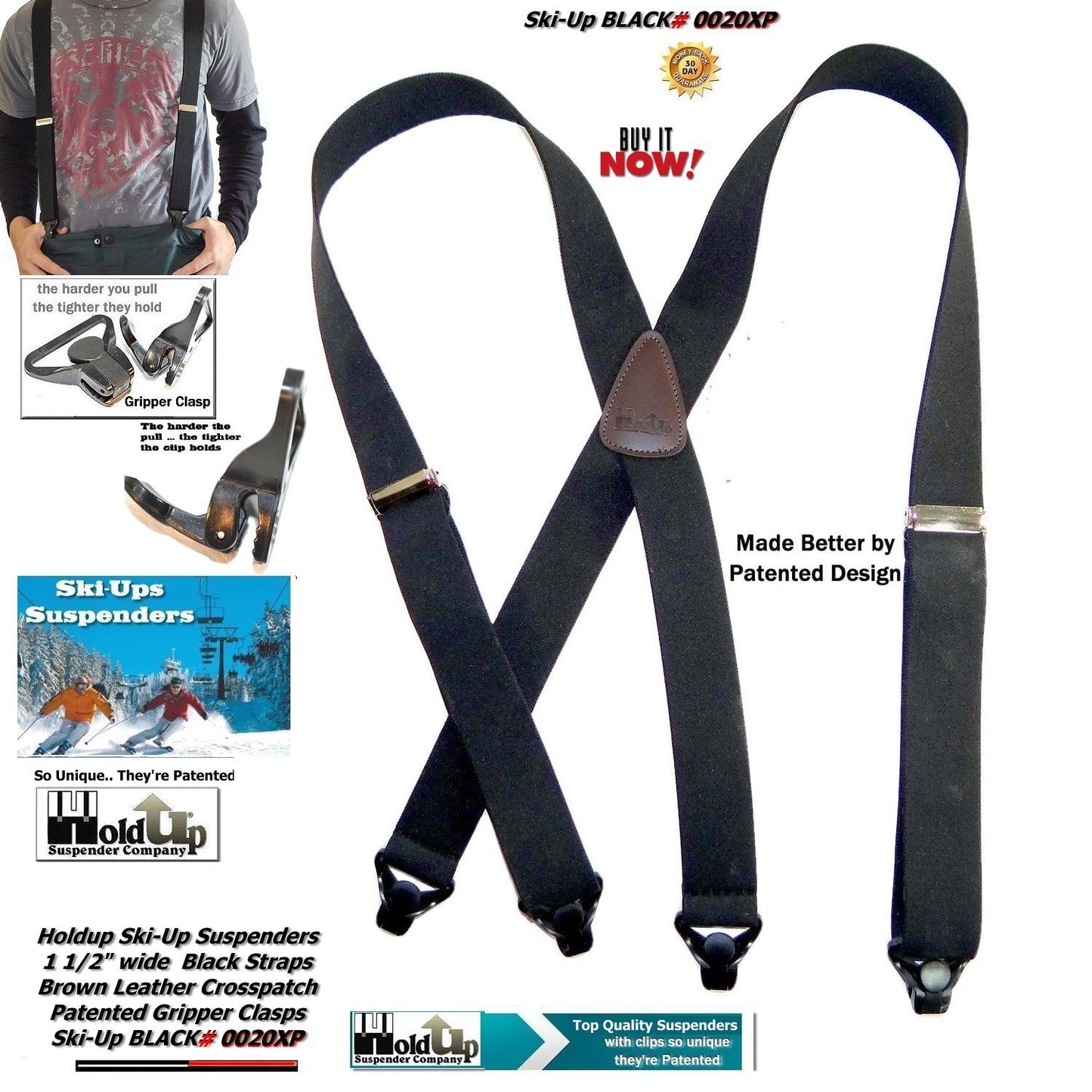 Holdup Brand Black Ski-Up X-back Suspenders with USA Patented Gripper Clasps