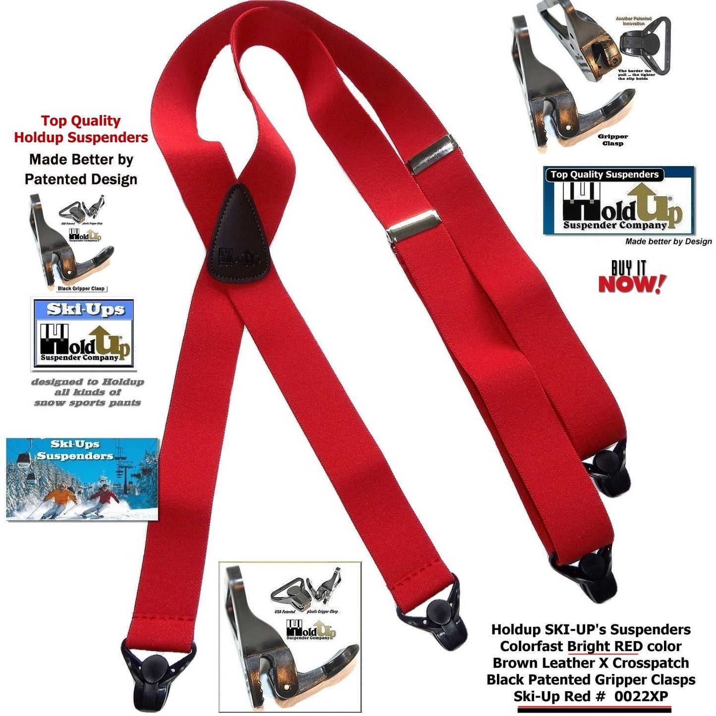 Hold-Ups Red Snow Ski Suspenders, USA Patented Gripper Clasps X-Back 1 1/2" wide