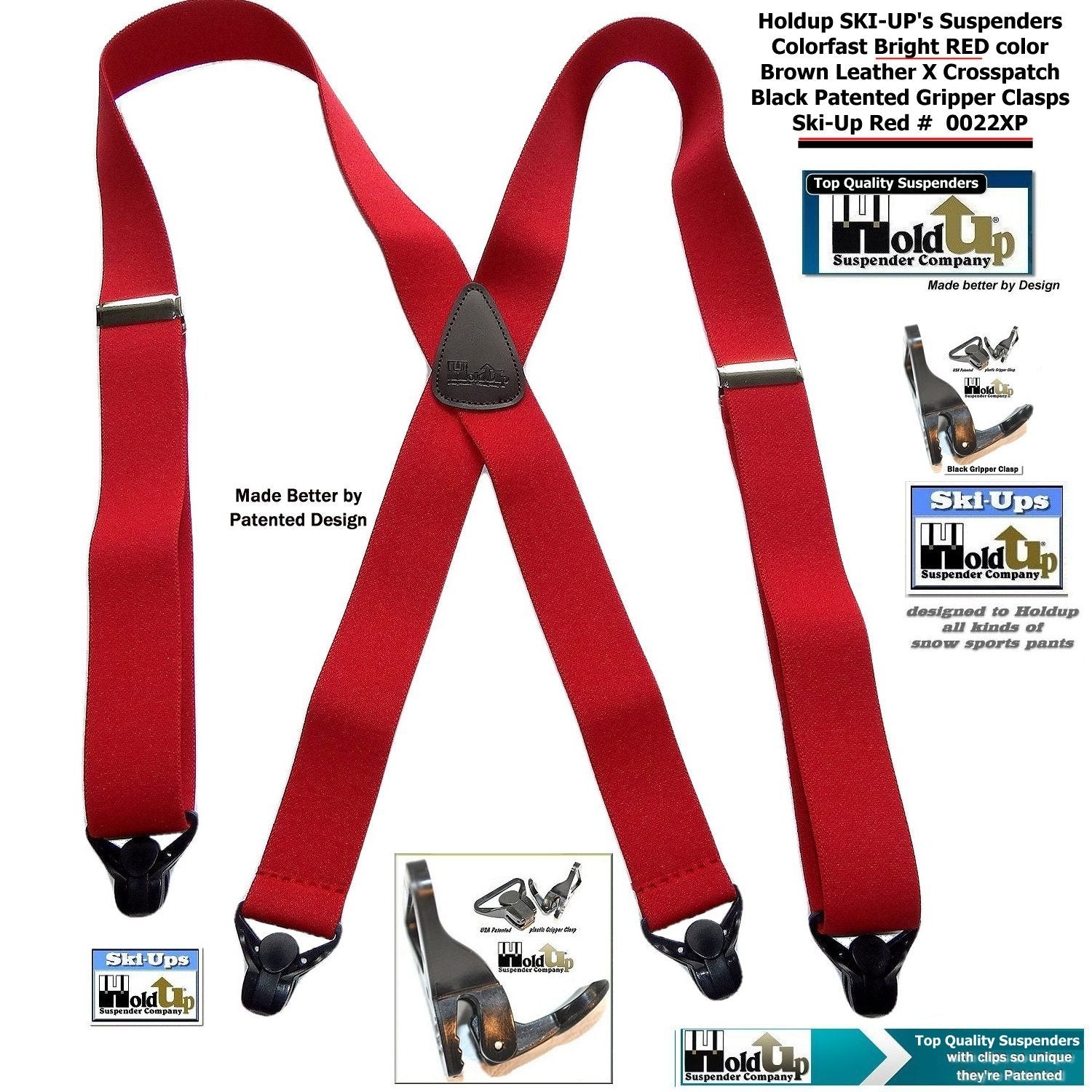 Hold-Ups Red Snow Ski Suspenders, USA Patented Gripper Clasps X-Back 1 1/2
