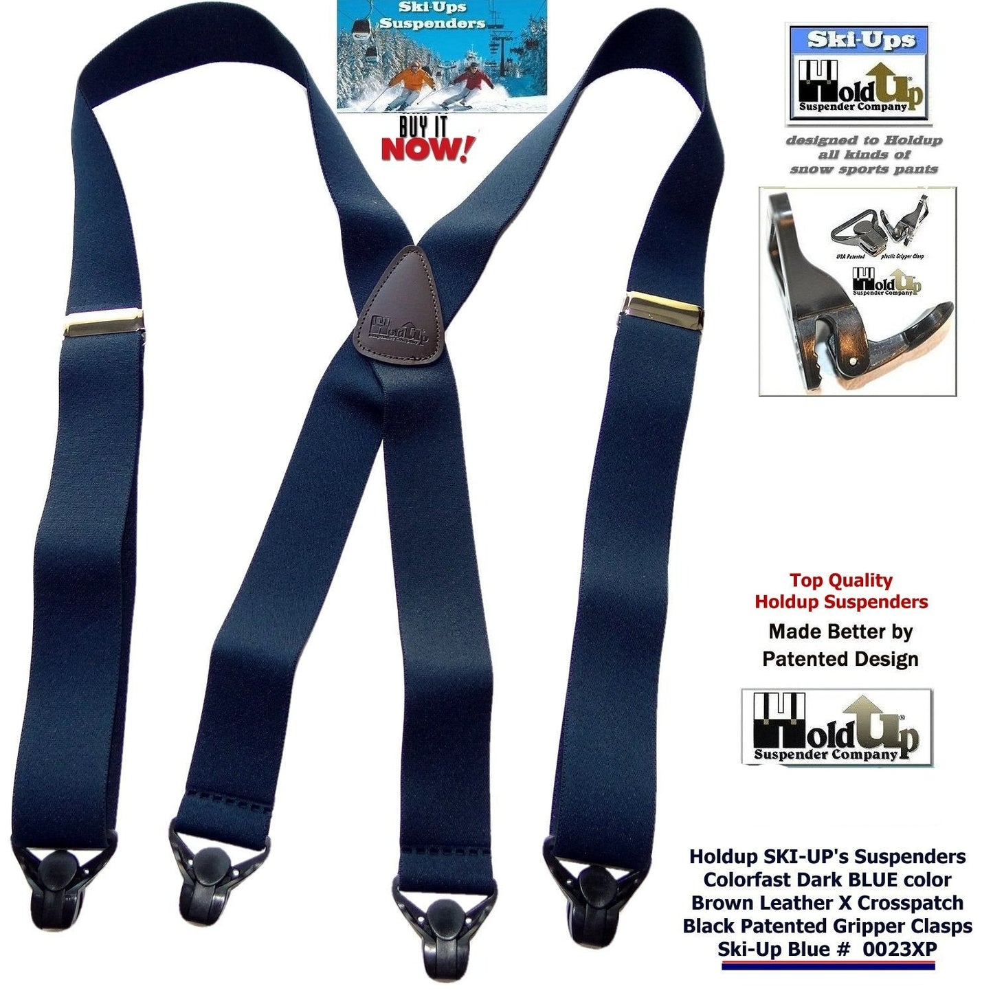 Dark Blue Holdup Brand Snow Ski X-back Suspenders with USA Patented black Gripper Clasps