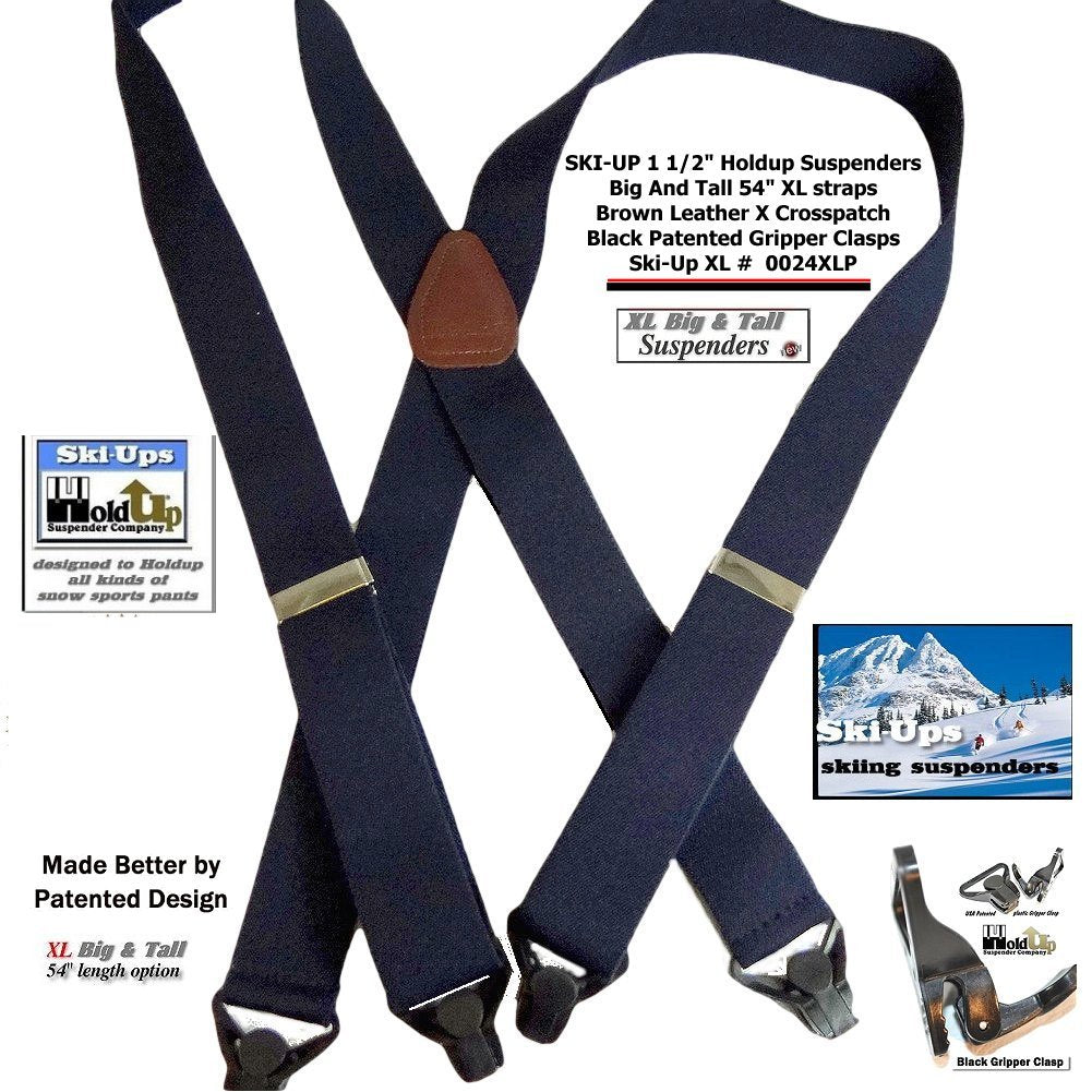 Holdup Brand XL Black Snow Ski-Ups Suspenders 1 1/2" wide with a USA Patented Gripper Clasps X-back