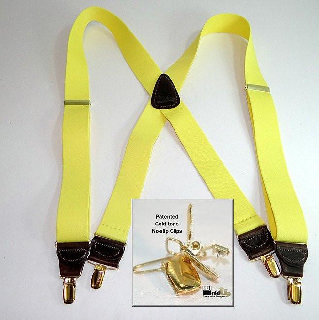 Hold-Ups Lemon Zest Yellow 1 1/2" wide Suspenders in X-back with USA Patented No-slip Gold Clips