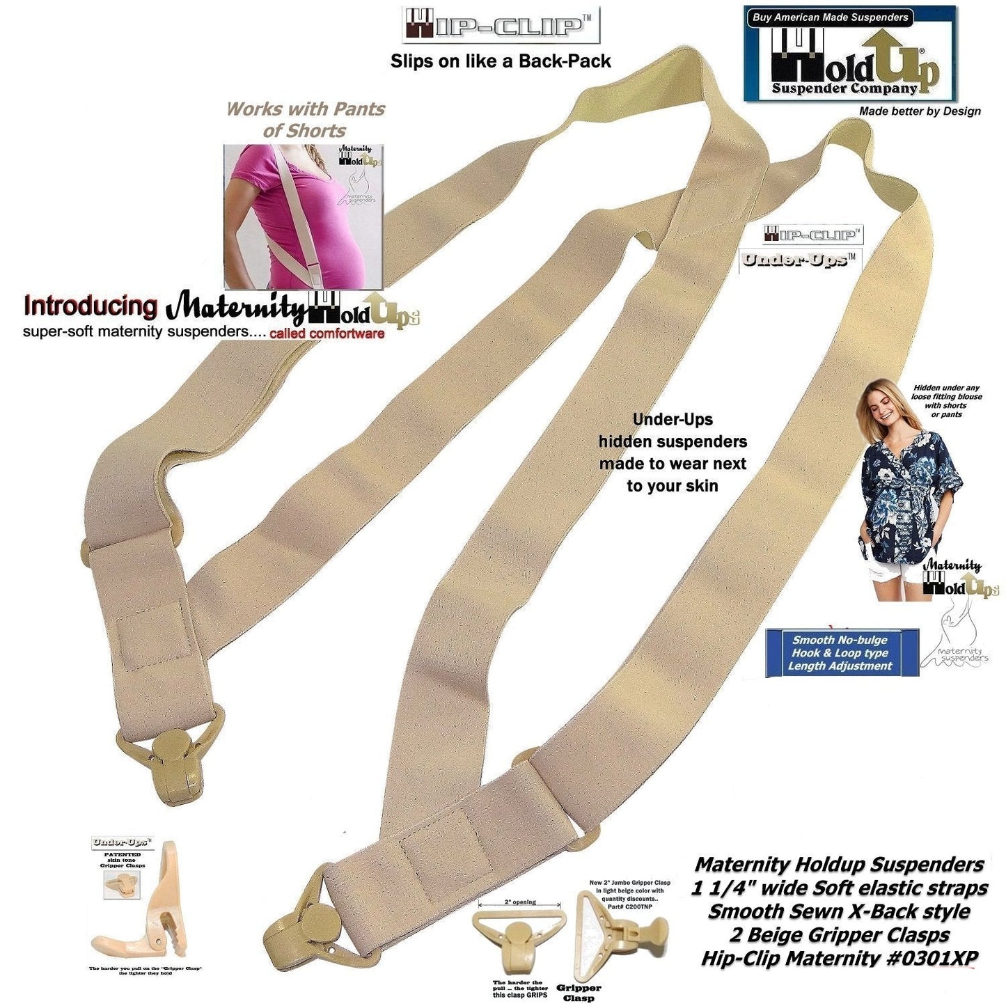 HoldUp Brand Maternity Suspenders with beige Super Strong USA Patented Gripper clasps
