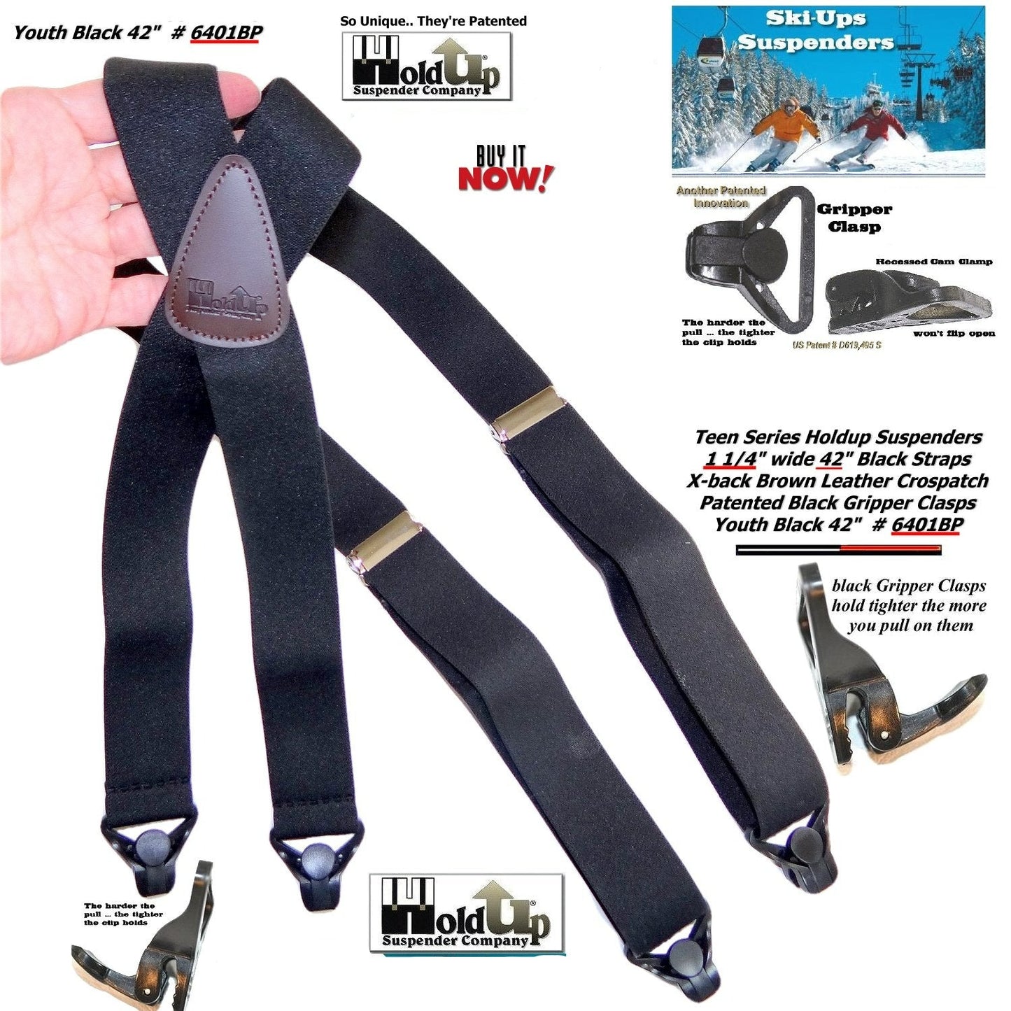Holdup Black 42" Teen size Black Ski-Ups X-back Suspenders with USA Patented Gripper Clasps