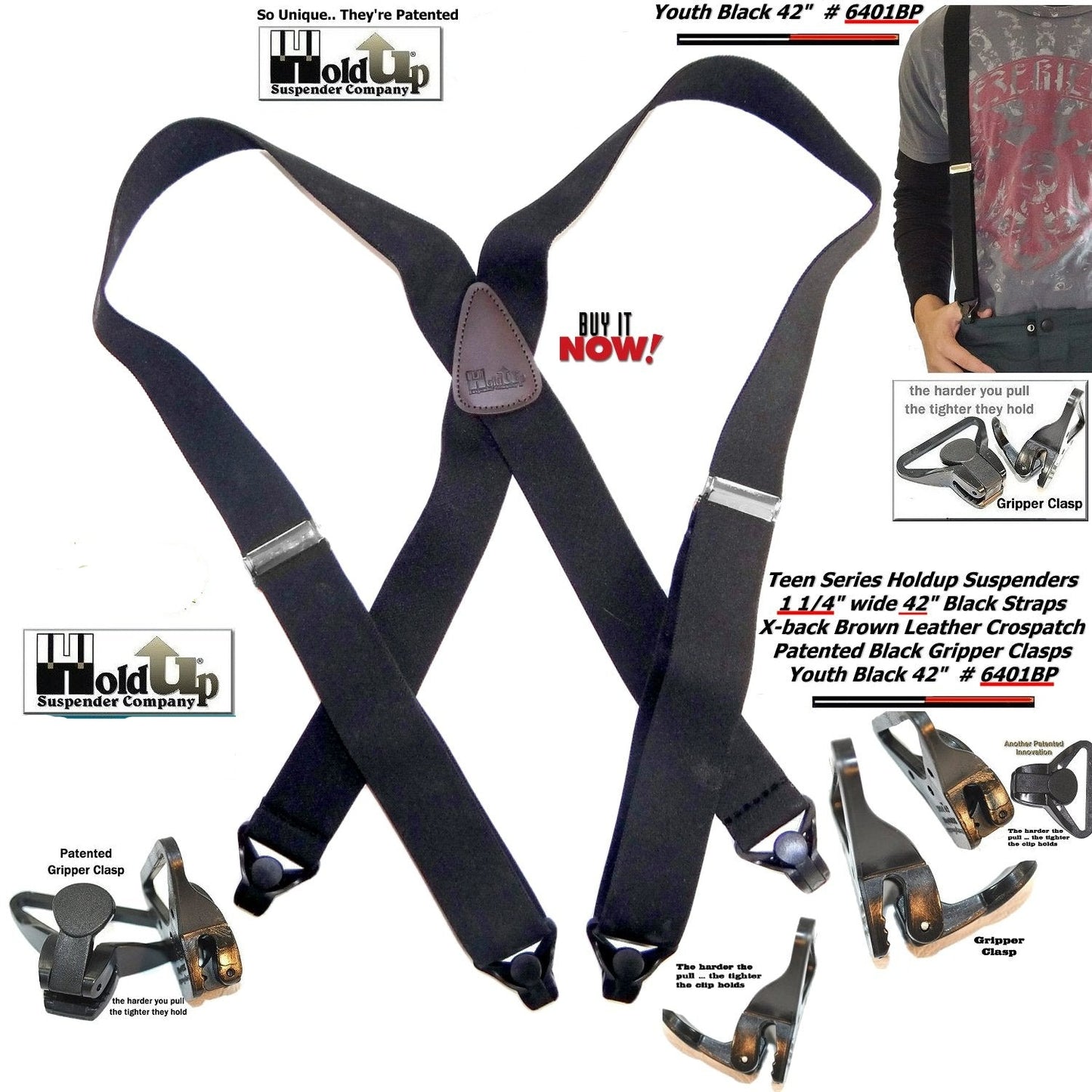 Holdup Black 42" Teen size Black Ski-Ups X-back Suspenders with USA Patented Gripper Clasps