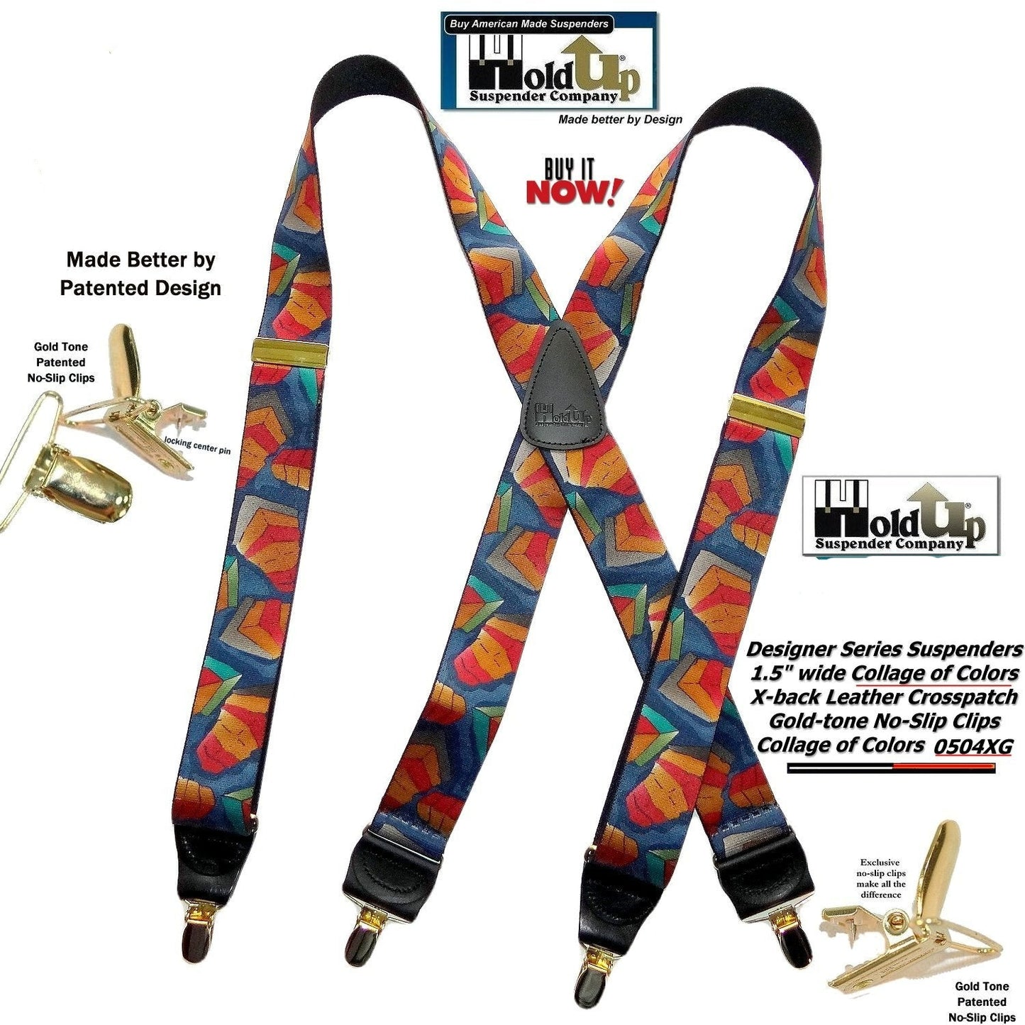 Holdup Collage of Colors Pattern X-back Suspenders and Patented No-slip Gold tone Clips