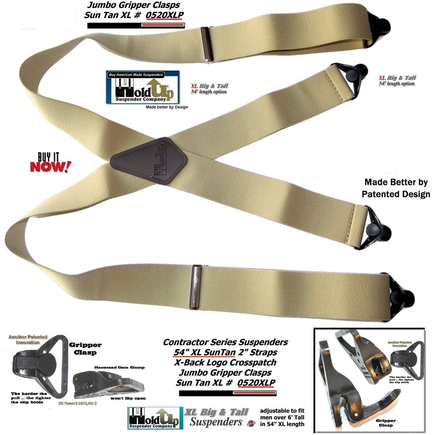 Holdup Suspender Company's Extra Long XL Light Tan Suspenders are 2 inches wide with USA Patented black Jumbo Gripper Clasps