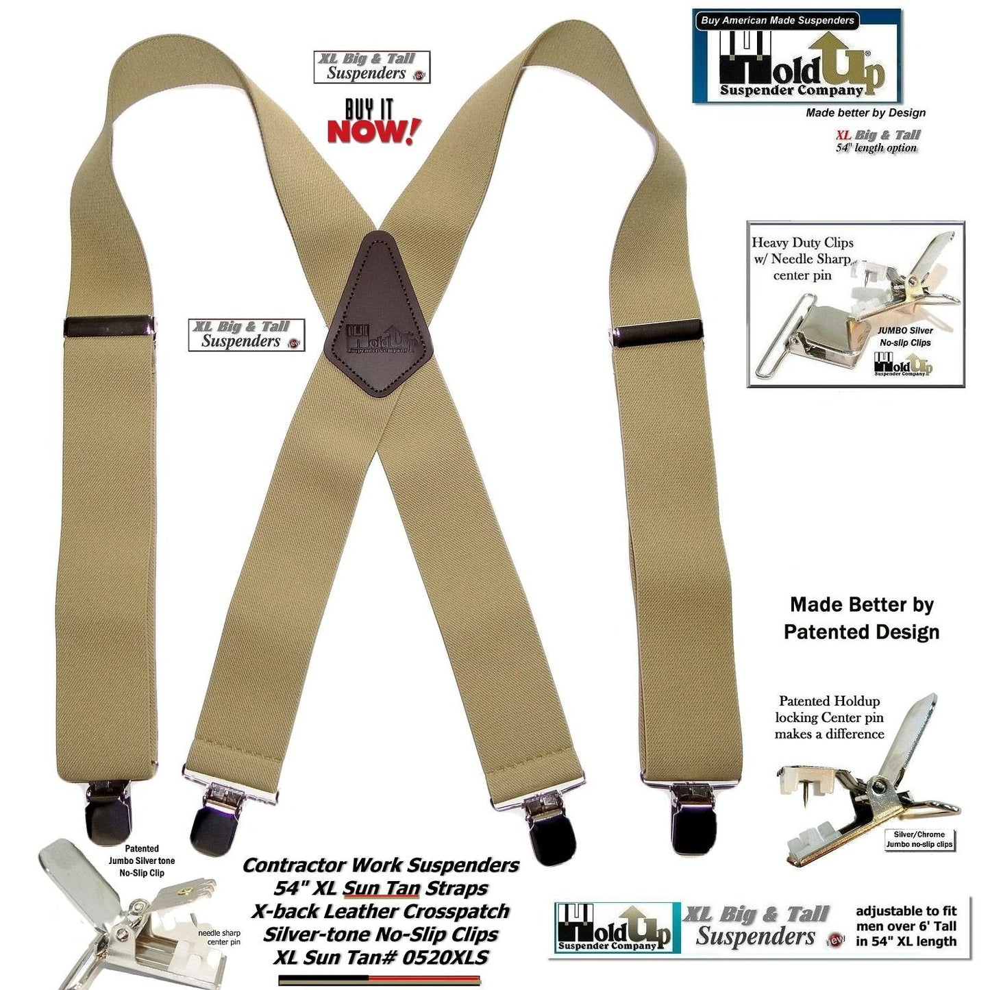 Holdup Brand Extra Long XL Sun Tan Suspenders with Jumbo USA Patented No-slip Center Pin Clips
