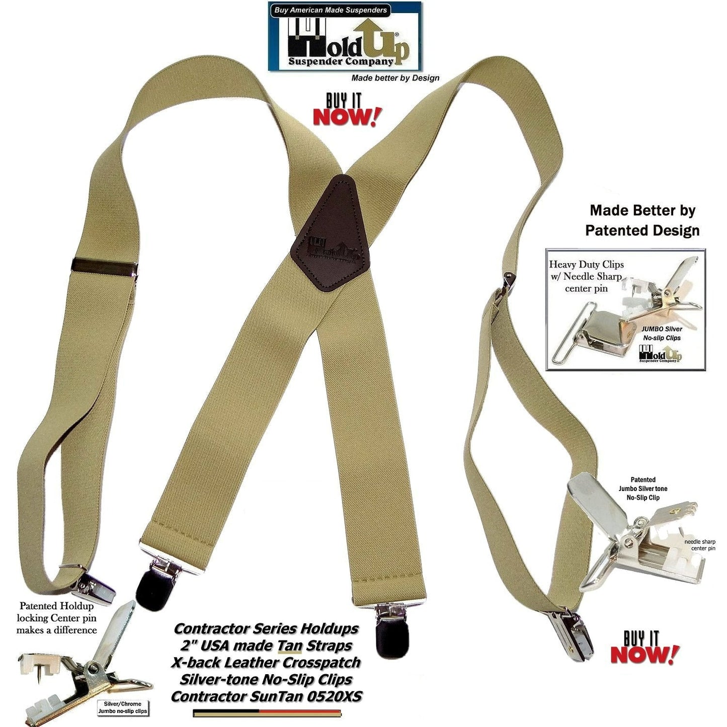 Holdup Contractor Series SunTan beige Wide Work Suspenders in X-back style with USA Patented No-slip Silver Clips