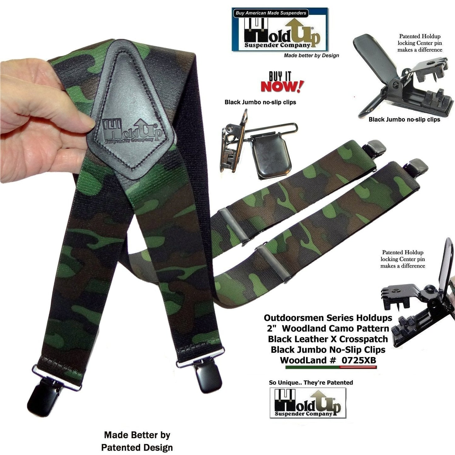 Holdup brand Woodland Camouflage pattern Hunting Suspenders with black USA Patented No-slip Clips