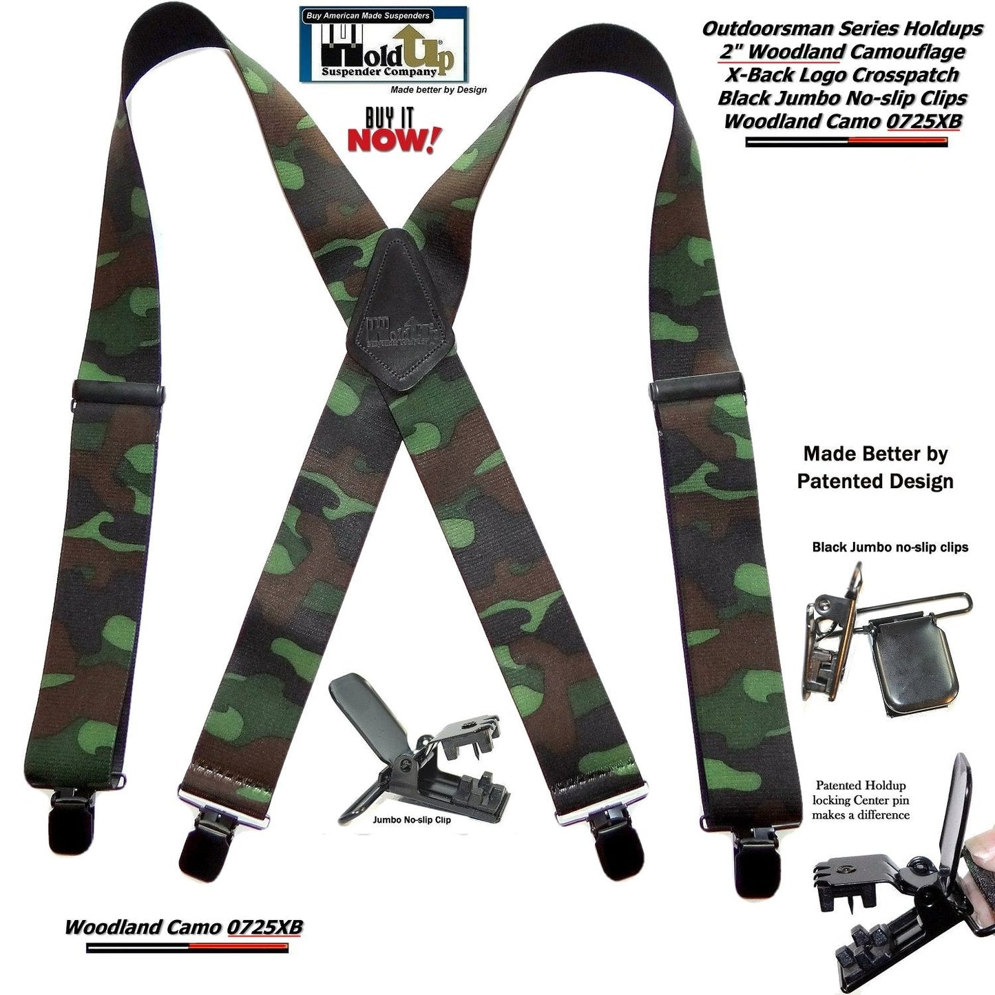 Holdup brand Woodland Camouflage pattern Hunting Suspenders with black USA Patented No-slip Clips