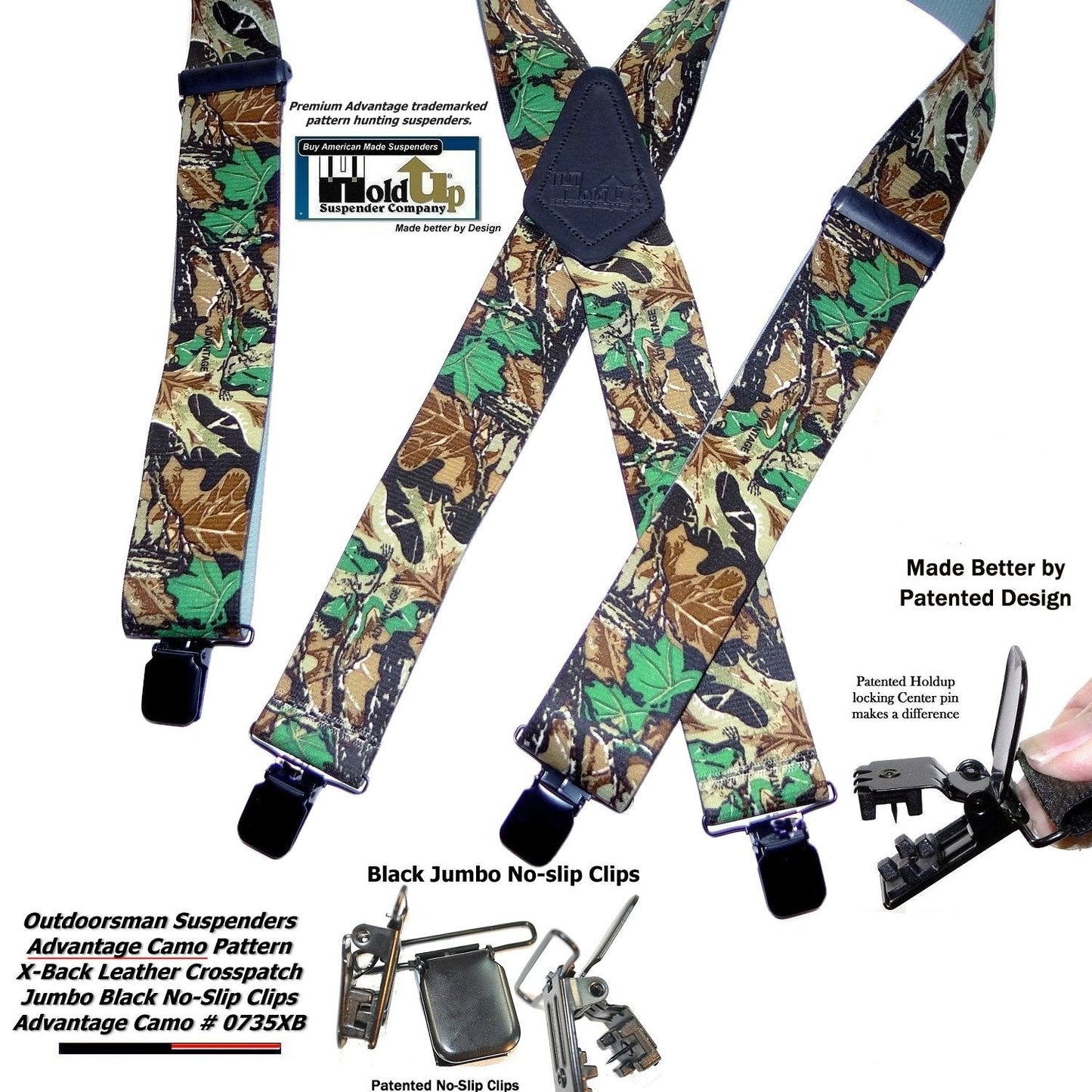 Holdup Advantage Pattern Camouflage Hunting Suspenders with 2" wide Straps and Black Patented No-slip Jumbo Clips