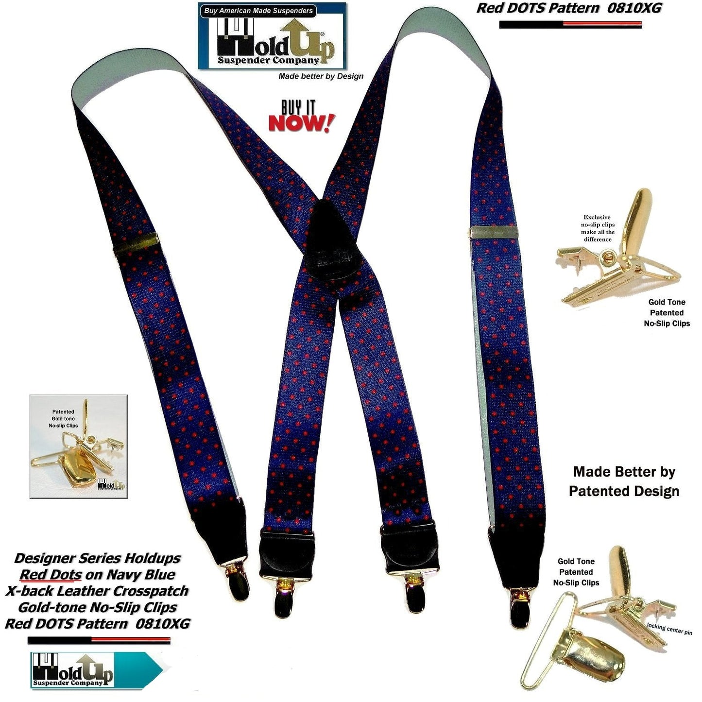 Holdup Brand Dark Blue with Red Dot Pattern X-back Suspenders USA Patented No-slip Clips