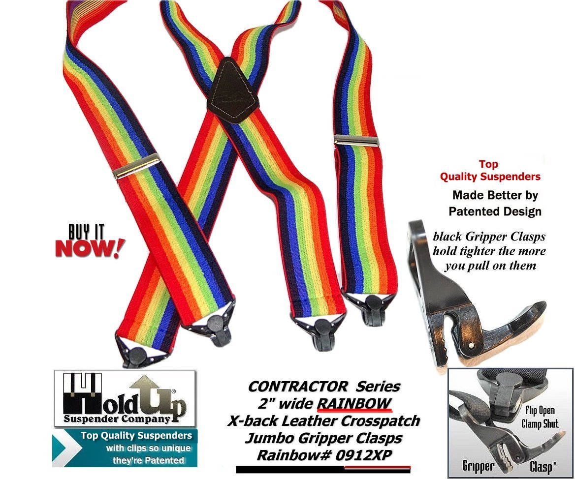 Holdup Brand Wide Rainbow Of Color X-back Suspenders With USA Patented Gripper Clasps