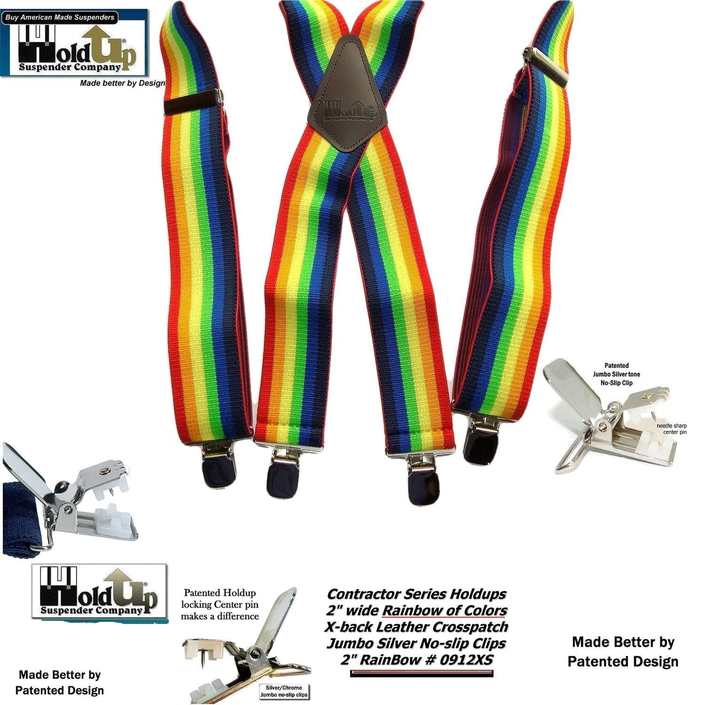 Holdup Rainbow of Colors wide work X-back Suspenders with USA Patented jumbo no-slip clips