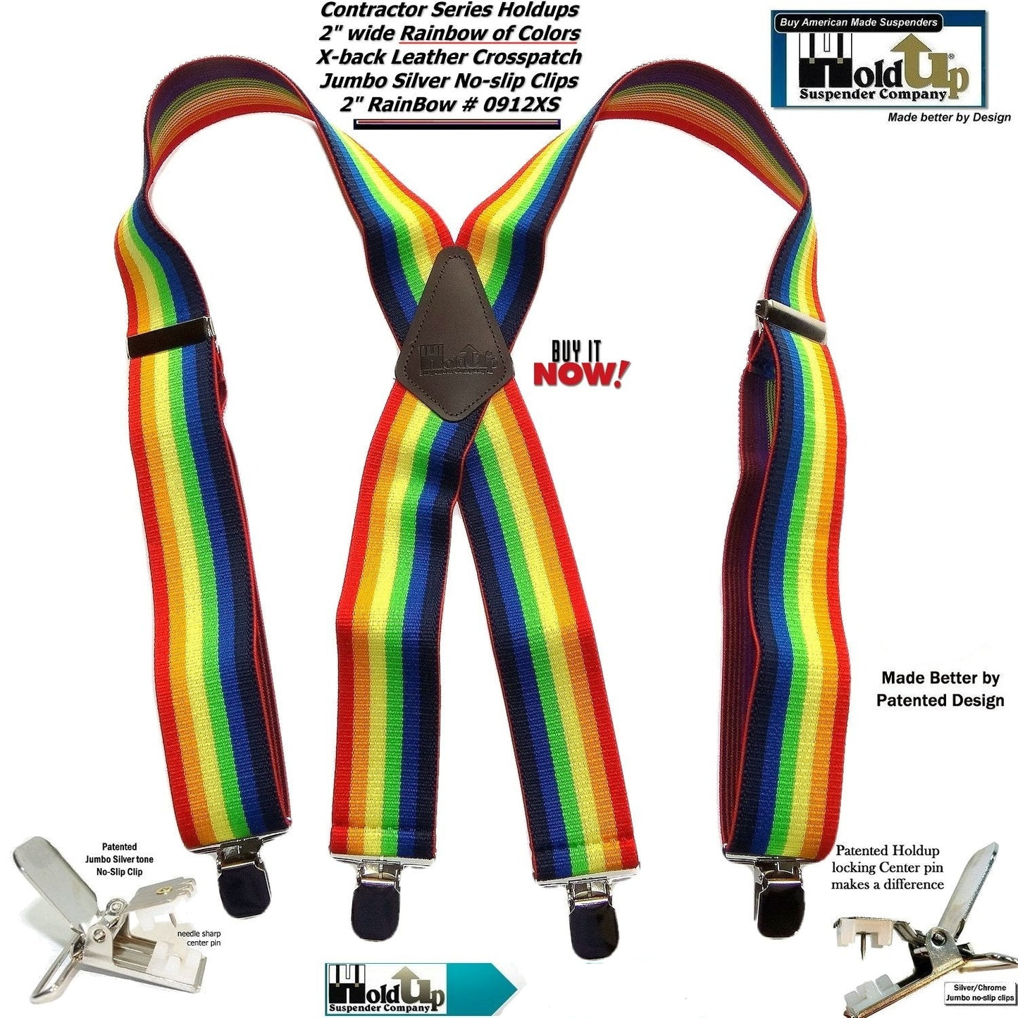 Holdup Rainbow of Colors wide work X-back Suspenders with USA Patented jumbo no-slip clips