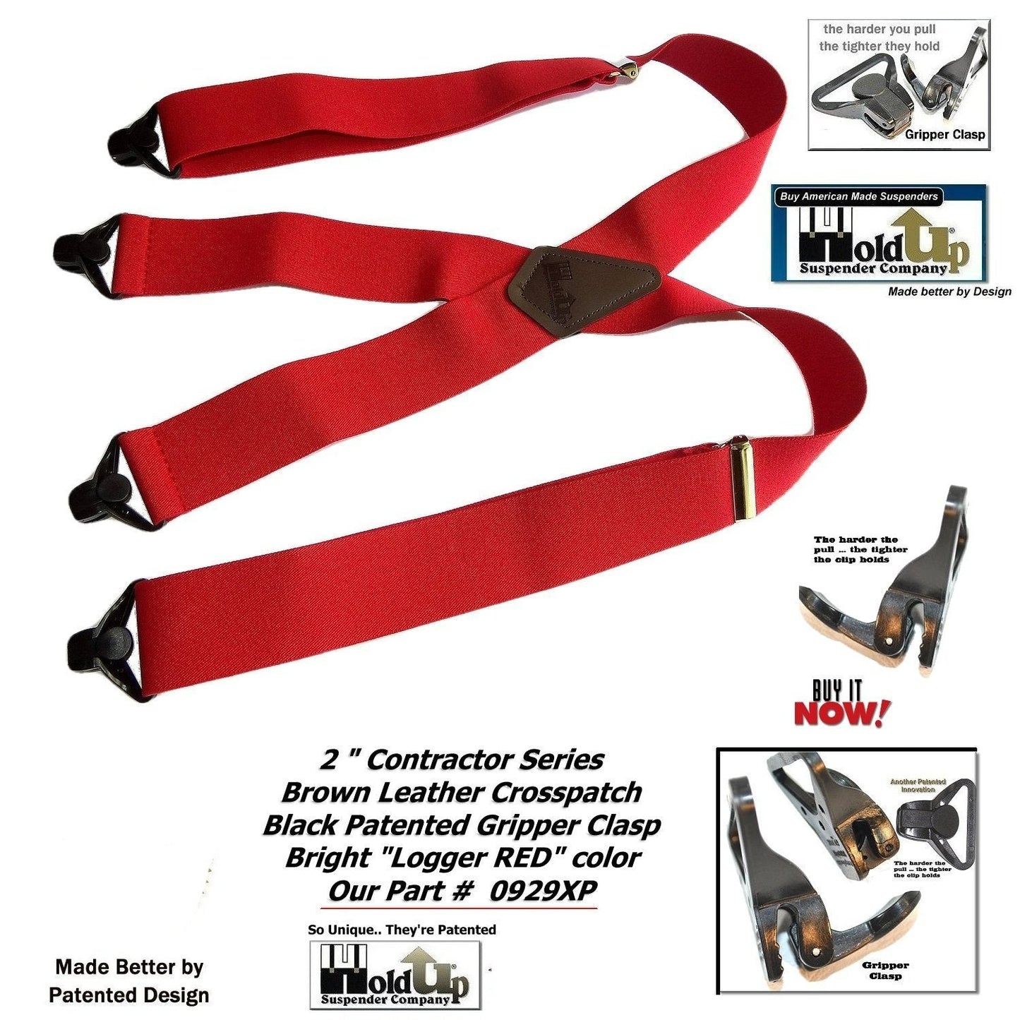Holdup Heavy Duty Logger RED 2" Wide X-back Work Suspenders with USA Patented Gripper Clasps