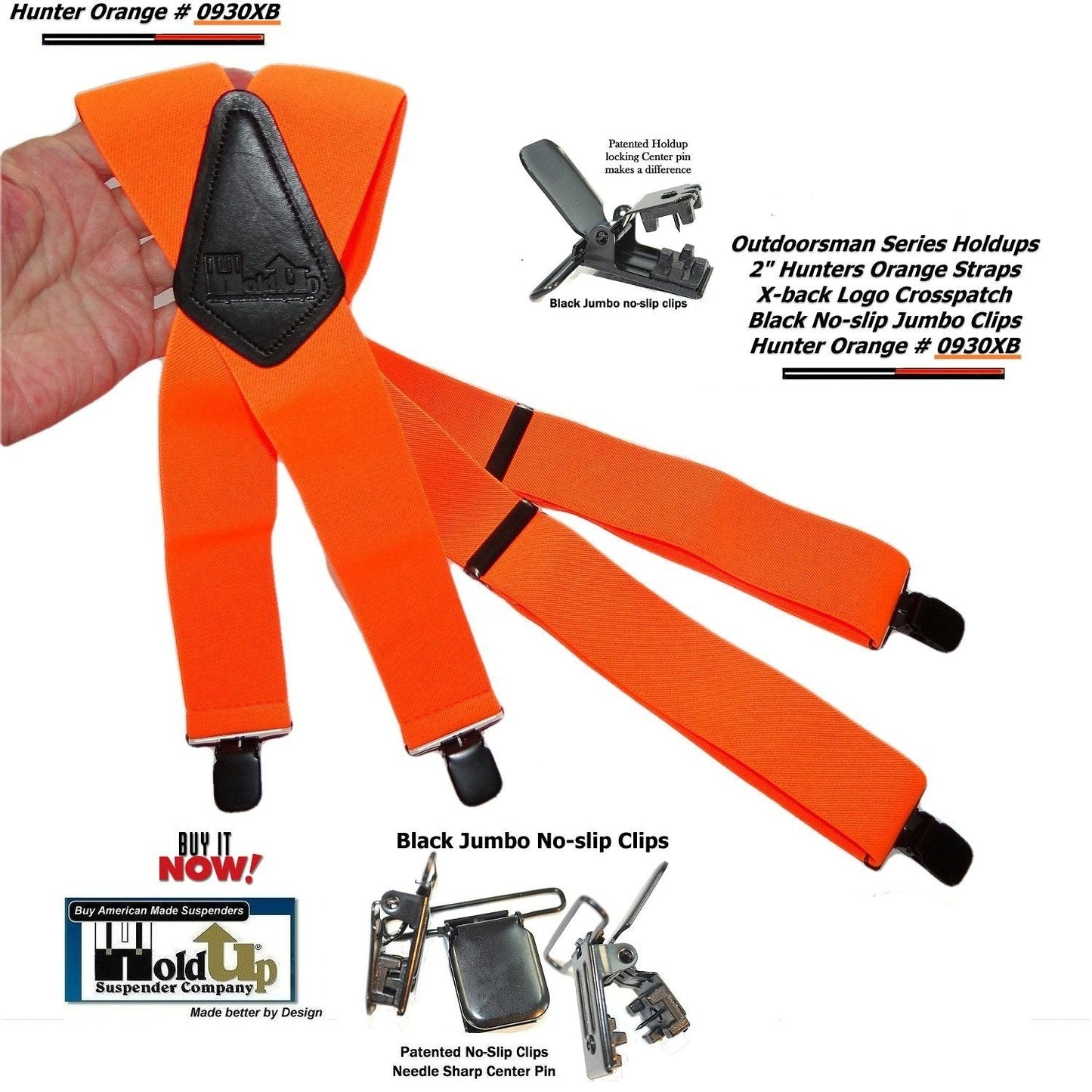 Holdup Suspender Company's Hunter Orange 2" wide Outdoorsman Suspenders in X back style with Jumbo No-slip Clips