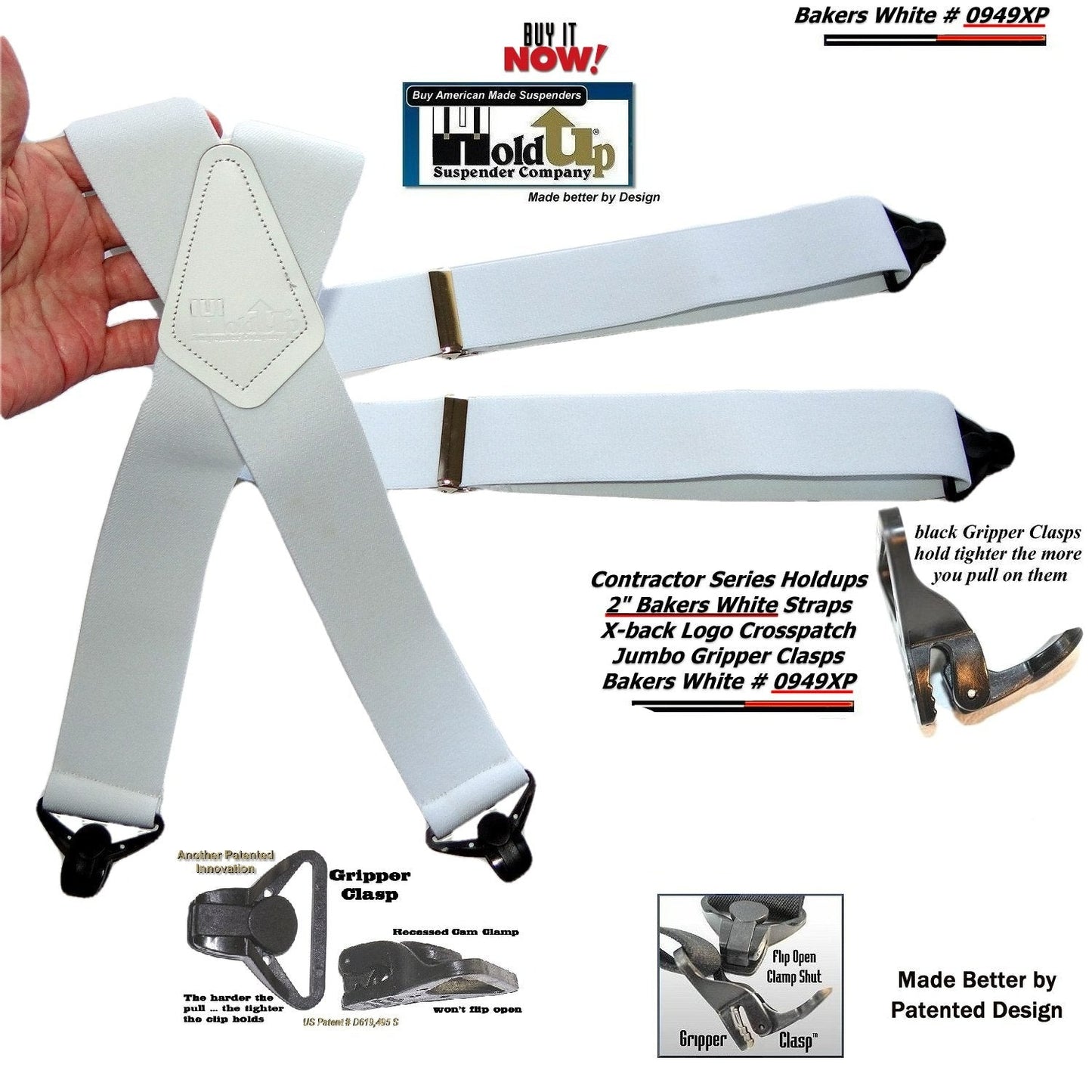 Holdup Suspender Contractor Series Bakers White 2" Wide Work Suspenders in X-back style with USA Patented Jumbo Gripper Clasps
