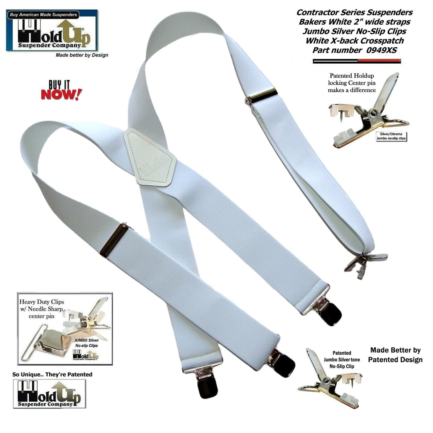 Holdup Suspender Contractor Series Bakers White 2" Wide X-back Suspenders with silver jumbo no-slip clips