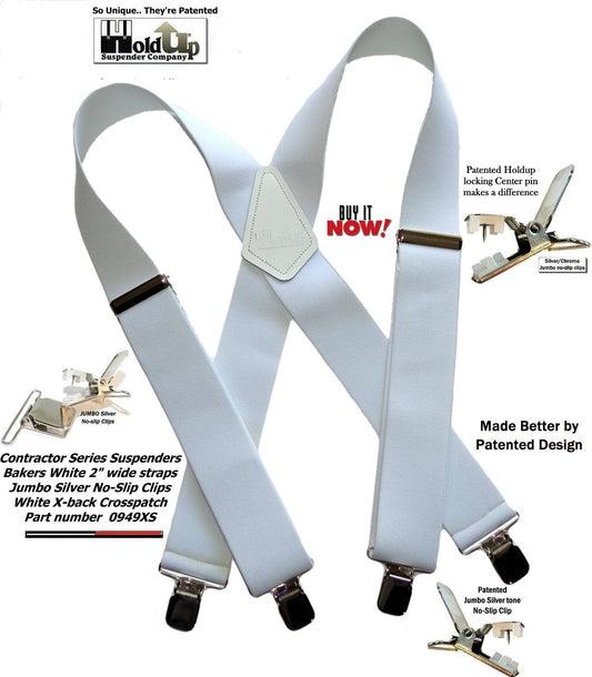 Holdup Suspender Contractor Series Bakers White 2" Wide X-back Suspenders with silver jumbo no-slip clips