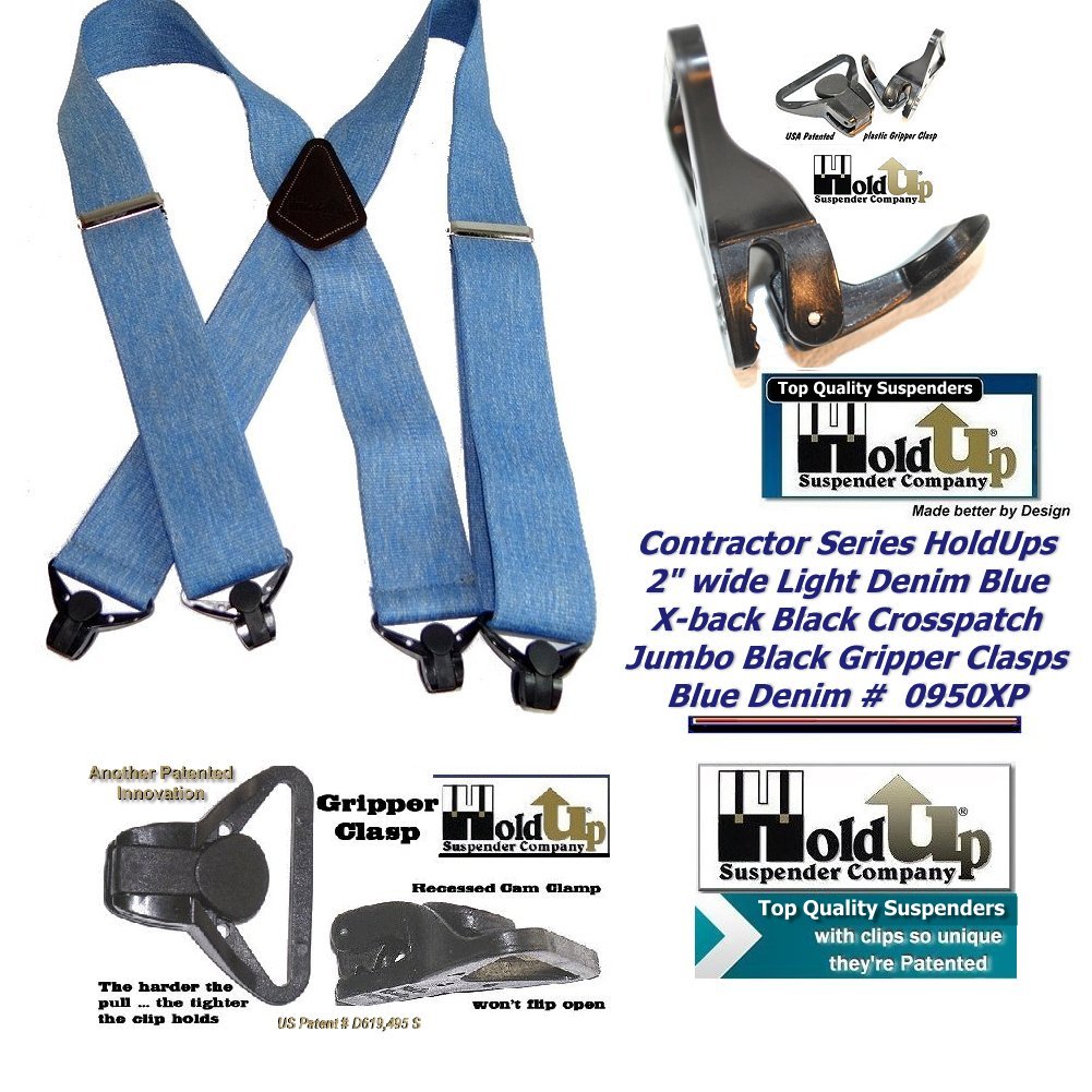 Holdup Brand Heavy Duty Blue Denim 2" Wide Work X-back Suspenders with strong USA Patented Jumbo Gripper Clasps