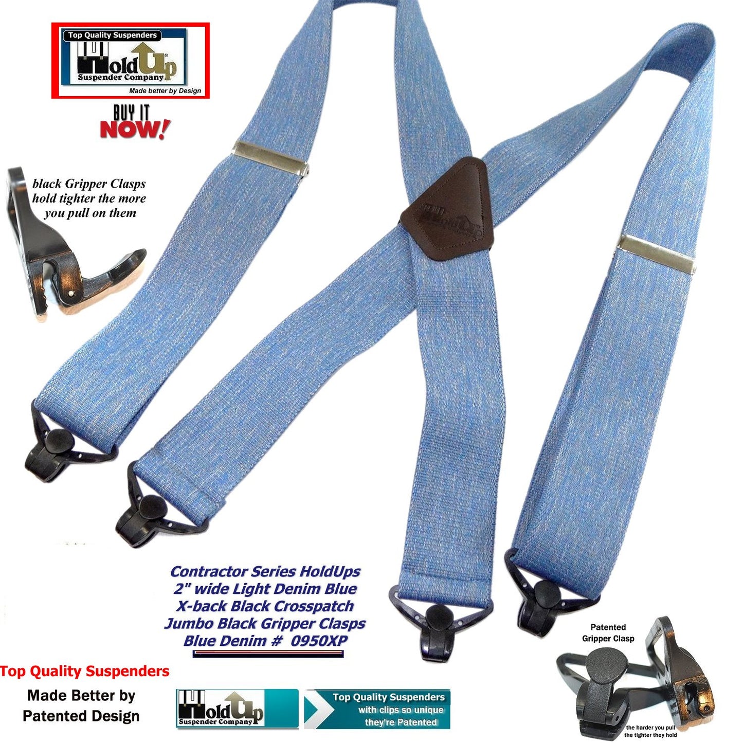 Holdup Brand Heavy Duty Blue Denim 2" Wide Work X-back Suspenders with strong USA Patented Jumbo Gripper Clasps