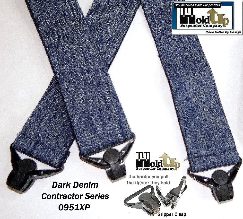 Holdup Brand Heavy Duty Dark Denim Work Suspenders with jumbo USA Patented Gripper Clasps