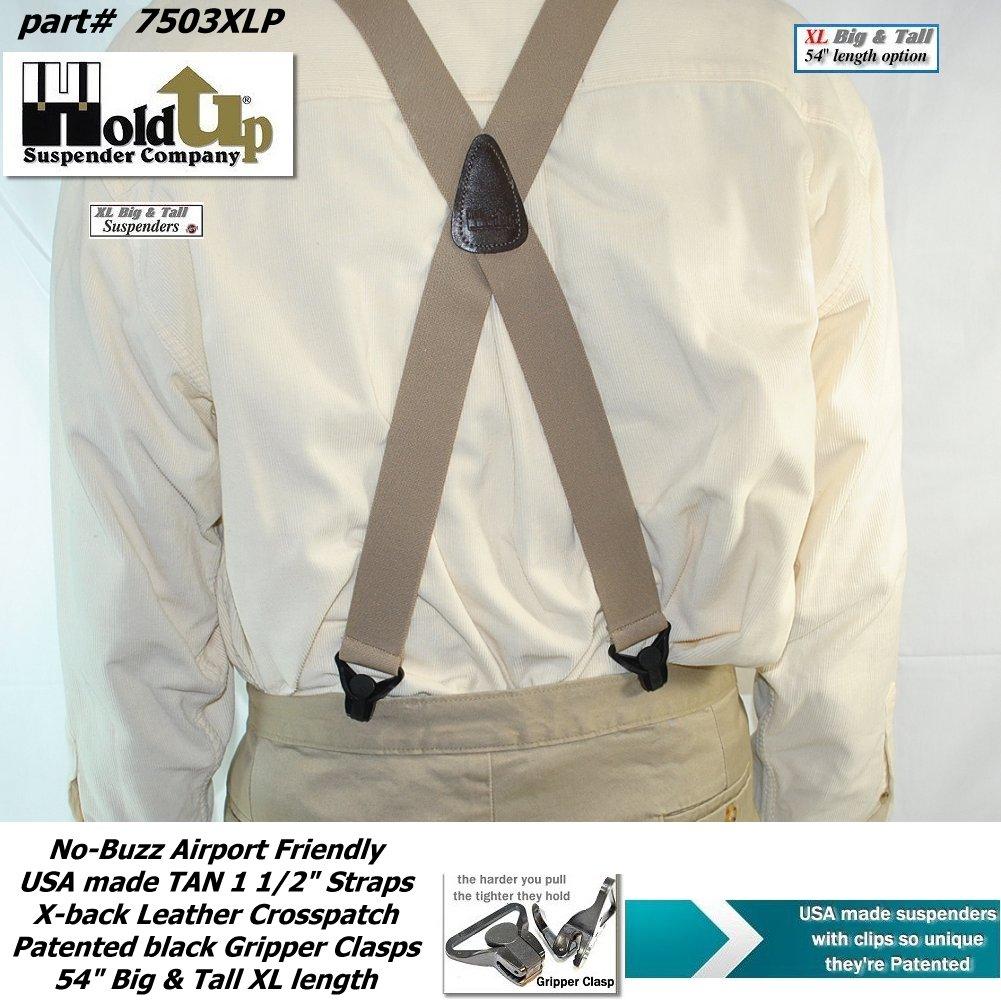 HoldUp Big and Tall XL No-buzz Airport Friendly TAN Suspenders with Patented Gripper Clasps