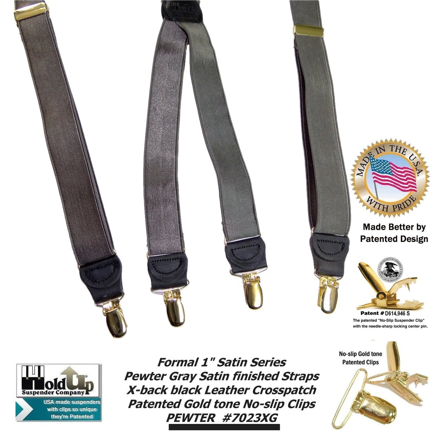 Holdup Brand Pewter Grey Satin Finished Formal Series 1" wide Suspenders X-back Gold clips