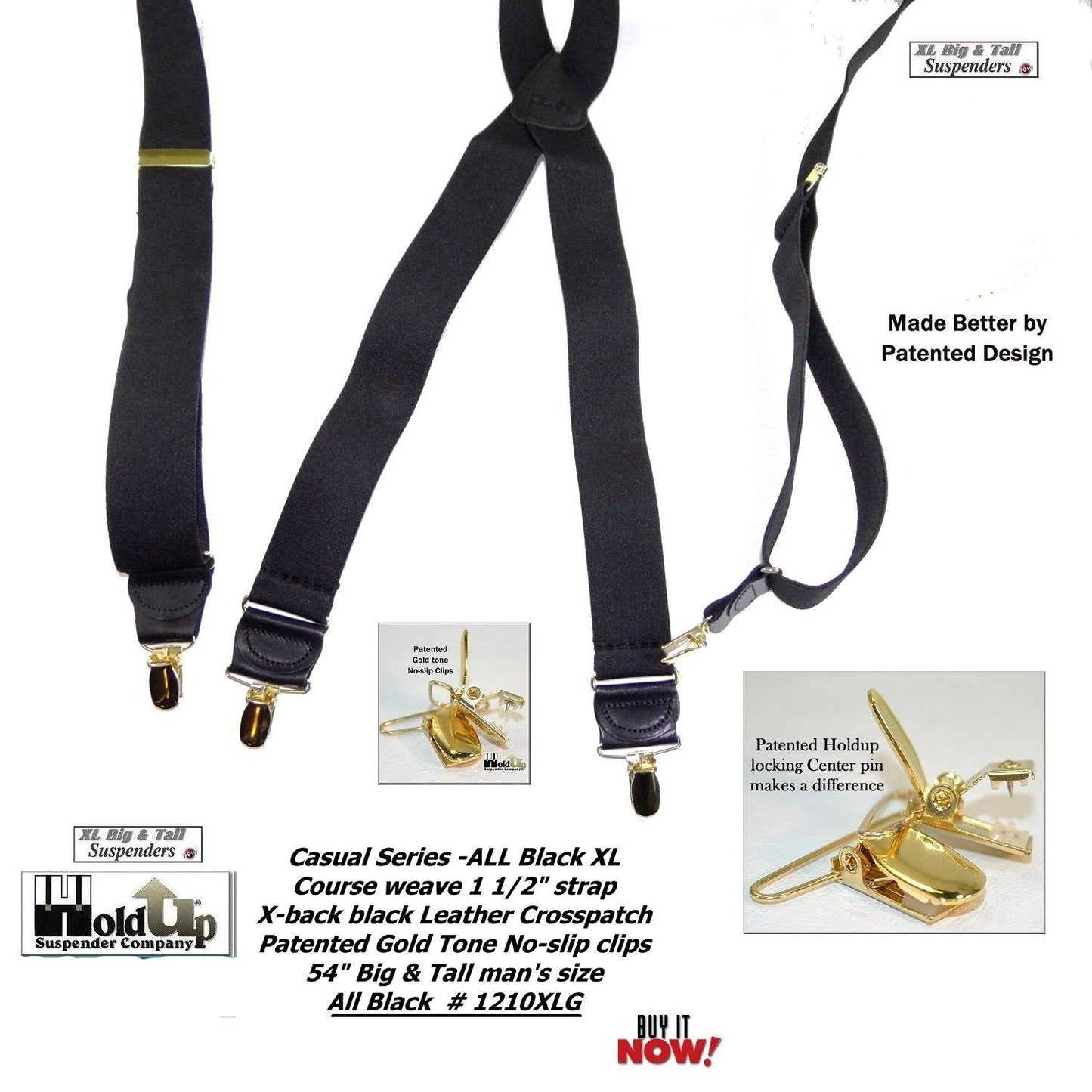 HoldUp Brand XL Big and Tall All Black X-back Suspenders with Gold tone USA patented No-slip Clips