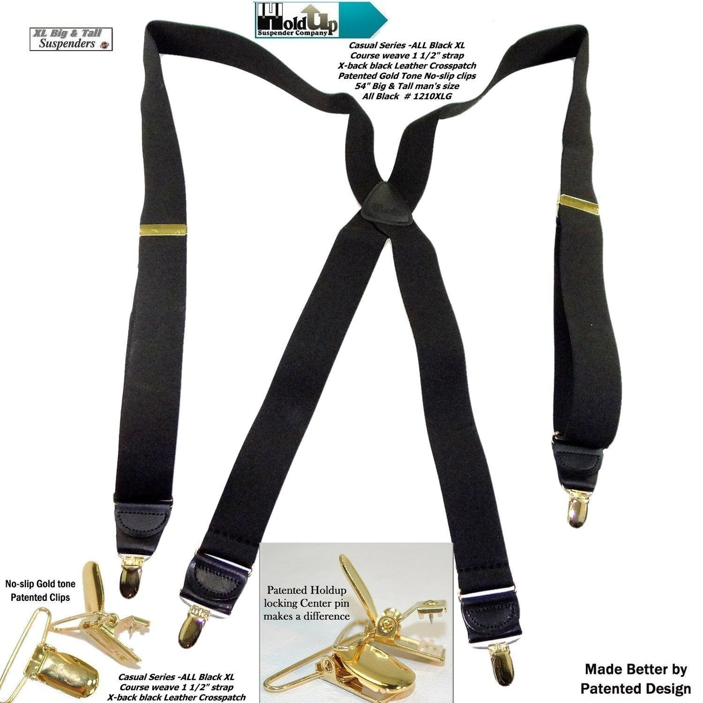 HoldUp Brand XL Big and Tall All Black X-back Suspenders with Gold tone USA patented No-slip Clips