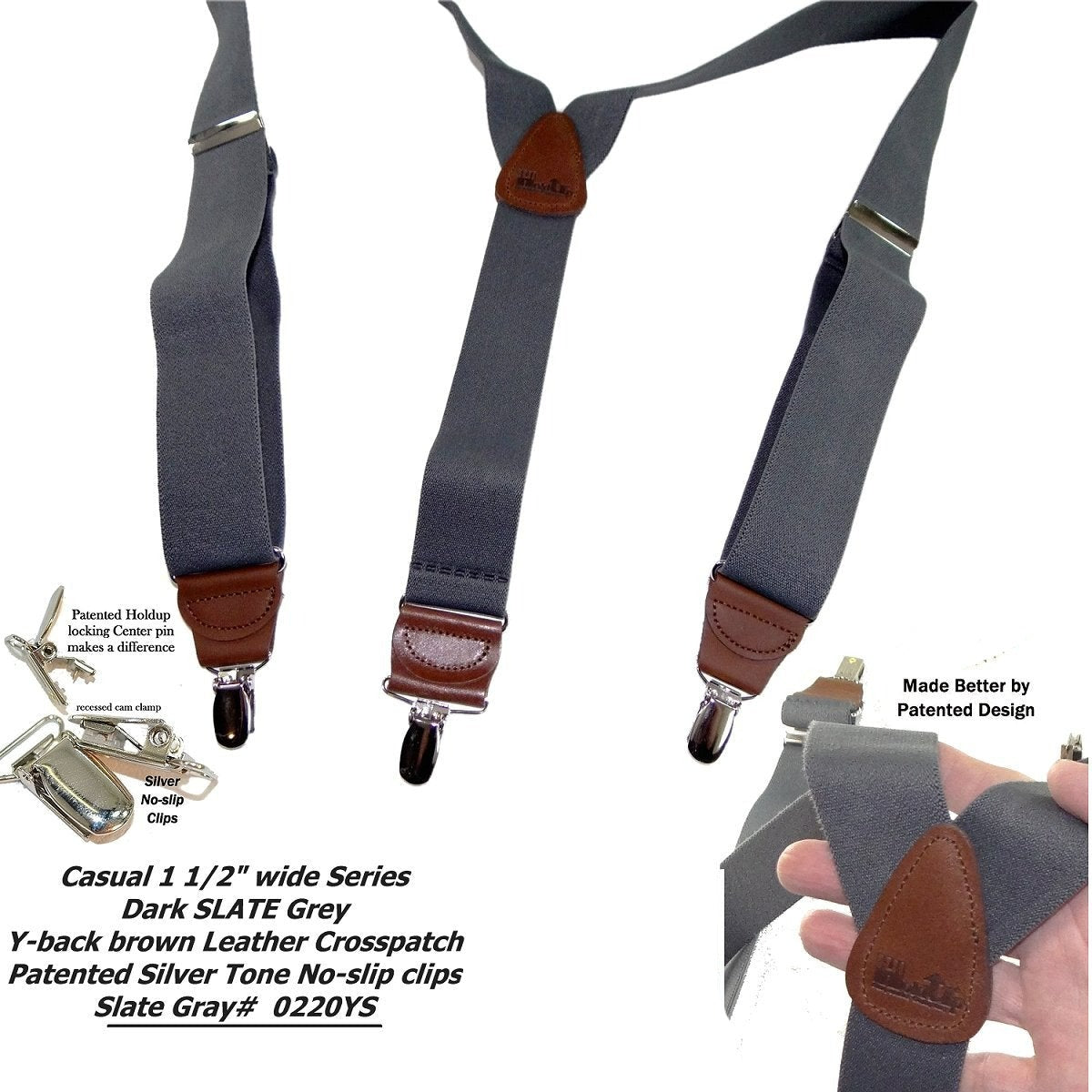 HoldUp Suspender Dark Slate Gray Y-back Suspenders with USA Patented No slip Silver Clips
