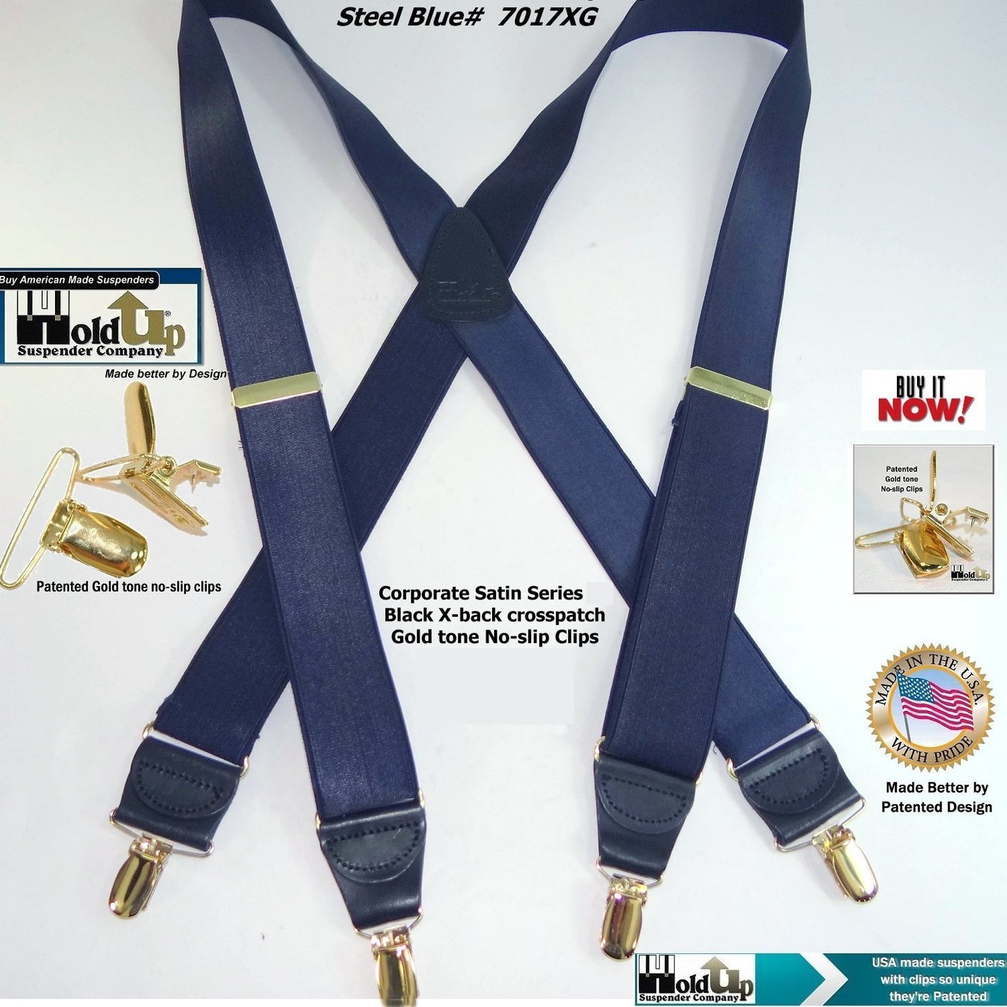 Holdup Brand Deep Steel Blue Satin Finish Suspenders in X-back style with Patented gold tone No-slip Clips