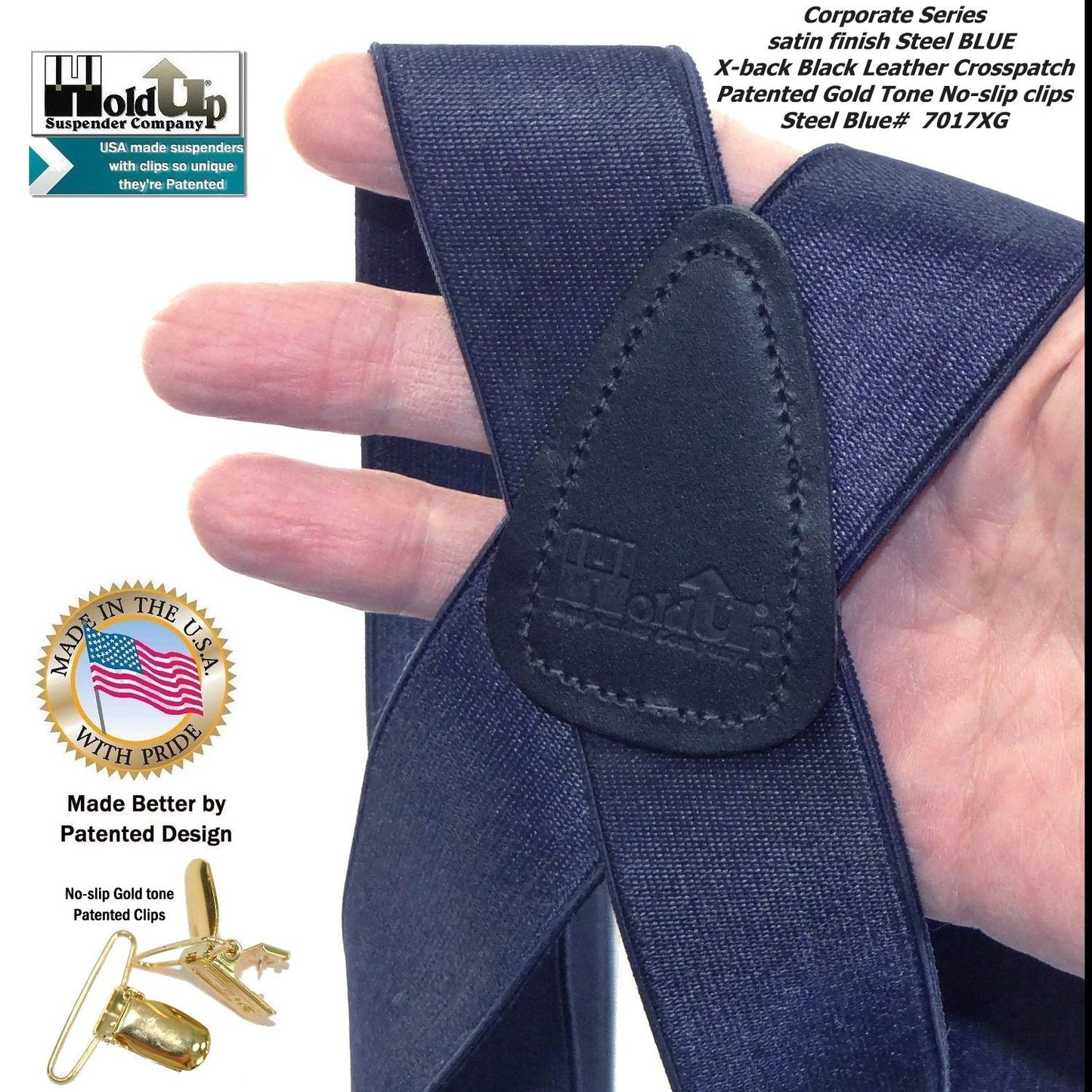 Holdup Brand Deep Steel Blue Satin Finish Suspenders in X-back style with Patented gold tone No-slip Clips