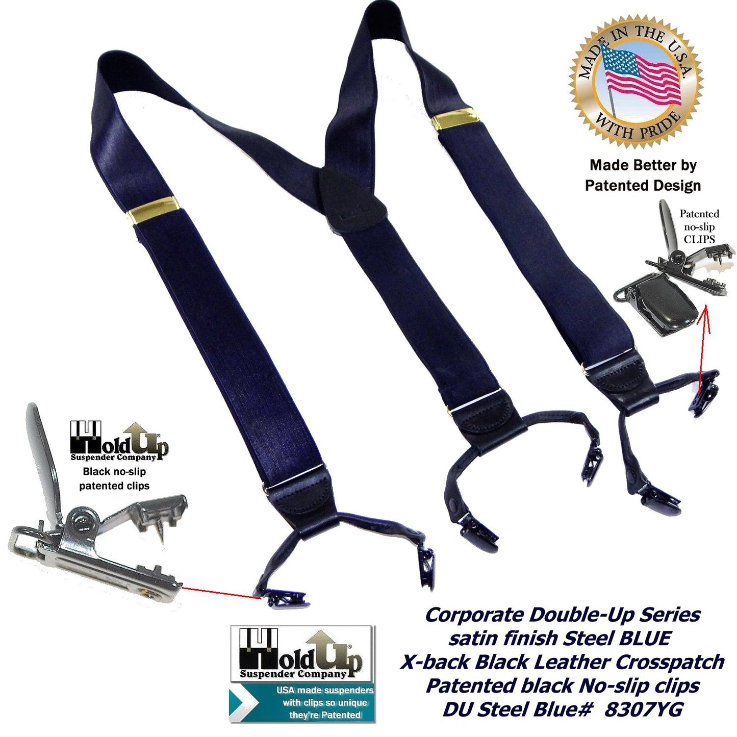 HoldUp Brand Dark Steel Blue Satin Finished Corporate Series Y-back Suspenders in Dual clip Double-Up style