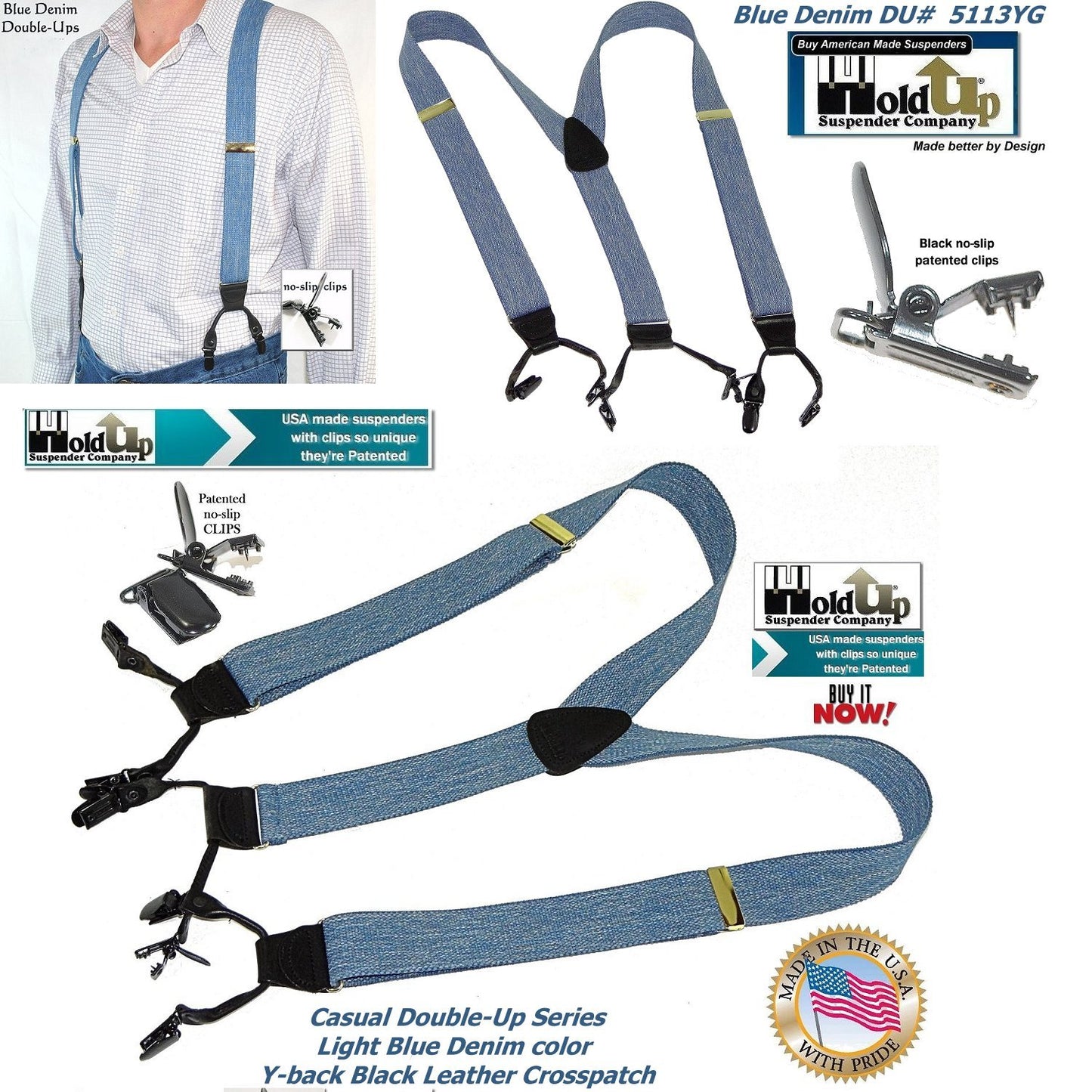 Holdup Brand USA made Double-Ups Style Men's Suspenders in a light Blue Denim Color and Y-Back crosspatch