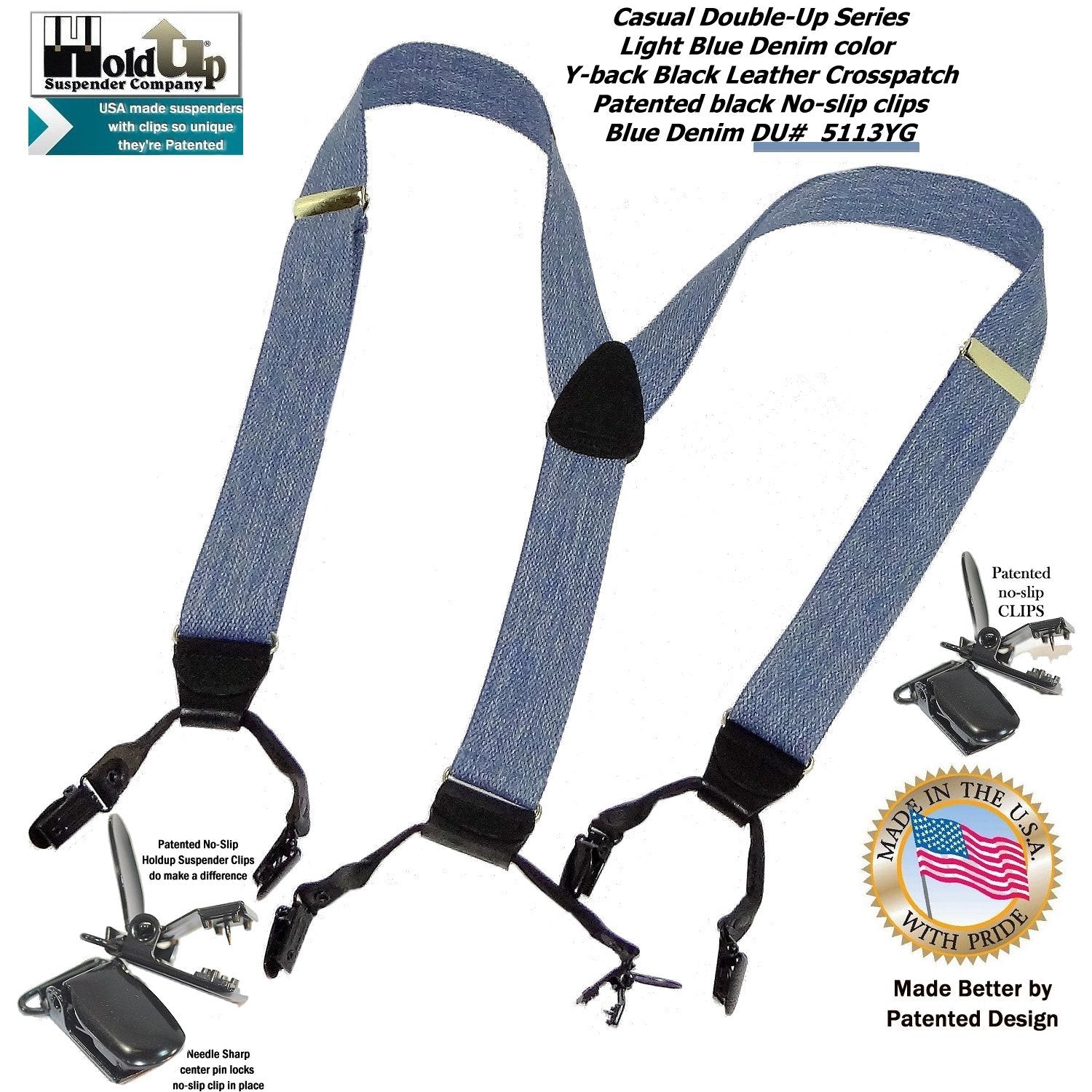 Holdup USA Double-Ups Men's Suspenders: Blue Denim Y-Back – Holdup-Suspender -Company