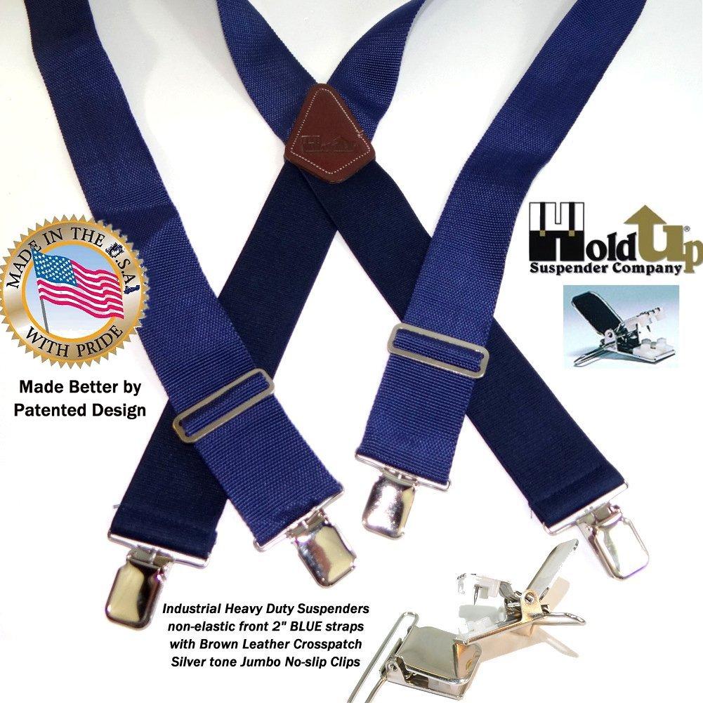 Holdup Suspender Company dark Blue Industrial heavy duty 2" Wide Non-elastic Suspenders with Patented No-slip Jumbo Silver Clips