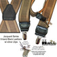 Holdup Brand Taupe Jacquard  weave1 1/2" wide Suspenders in X-back style and USA patented No-slip Nickel Clips