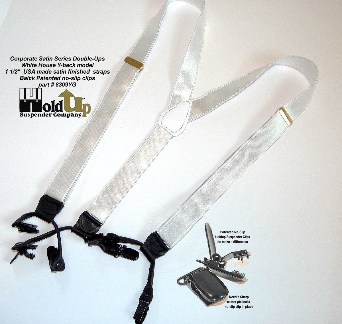Hold-Ups Corporate Series White Satin Finish Dual Clip Double-Ups style with No-slip Clips
