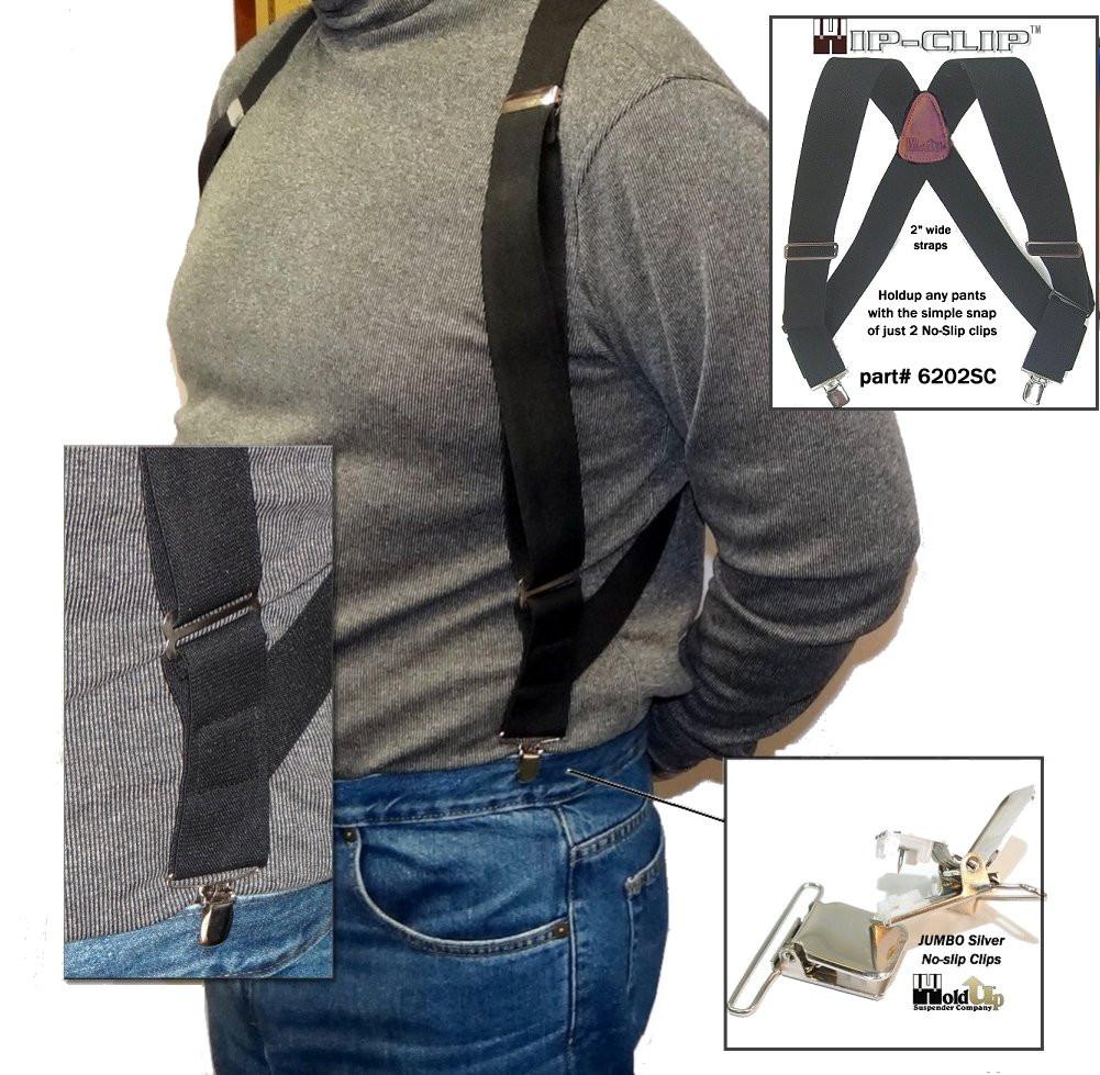 Black Heavy Duty Trucker Style 2" Wide Hip-Clip Suspenders with USA Patented silver tone no-slip jumbo clips
