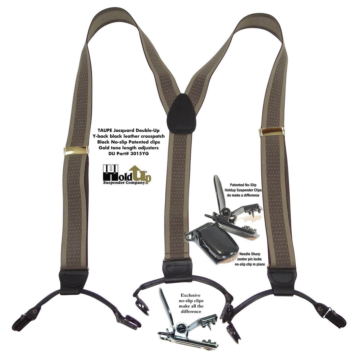 Hold-Up Brand Tan and Taupe Jacquard Double-ups Y-back Suspenders with USA Patented Black No-slip Clips
