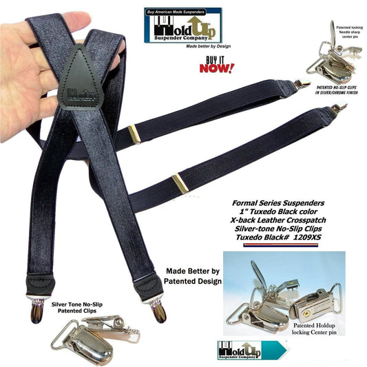 Hold-Ups Tuxedo Black Formal Satin finish  Suspenders X-back, USA Patented No-slip Silver Clips in 1" Width