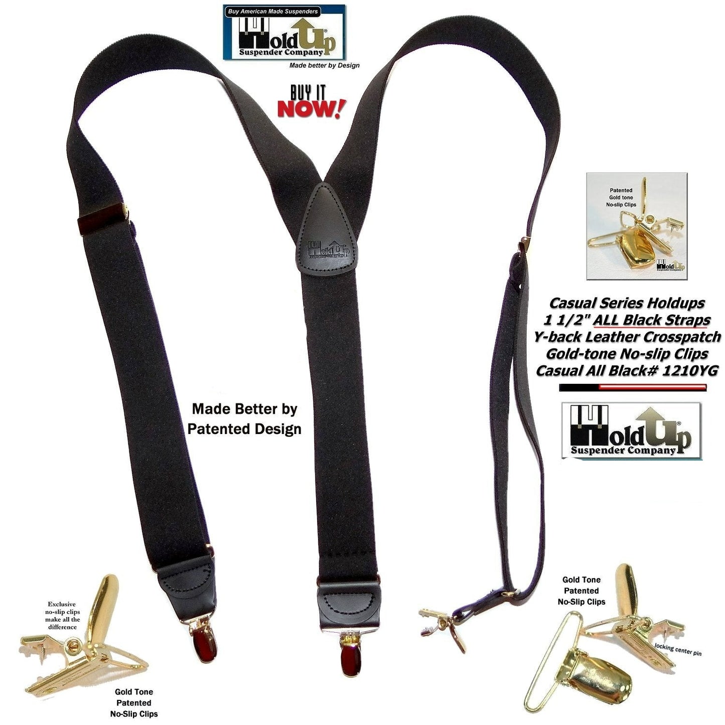 Hold-Ups Y-back All Black Casual Series Suspenders USA Patented No-Slip Gold Clips