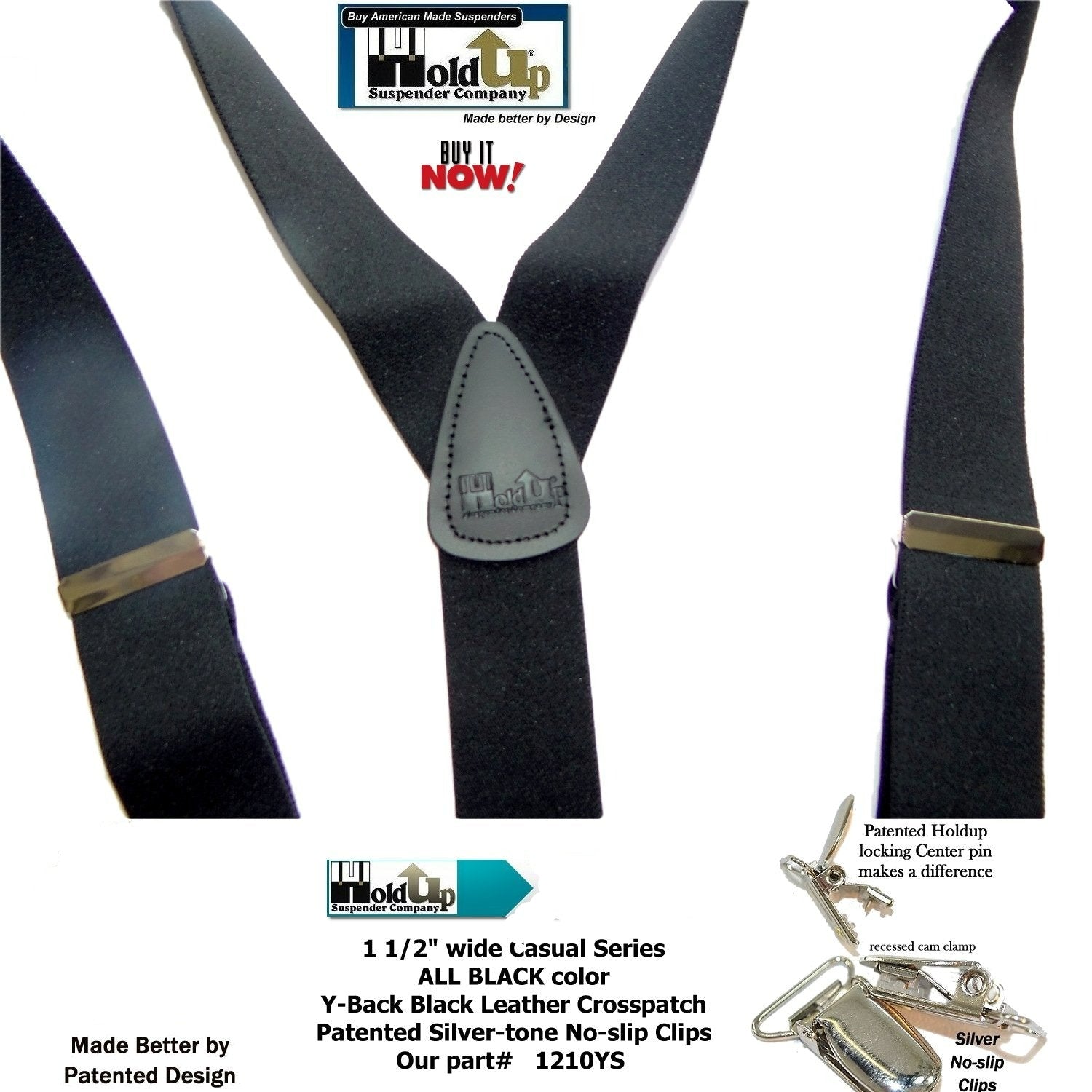 Mens Elastic No Slip Pin Clip x Back Suspenders With Leather Trim - Black  (Available in 2 Colors) 