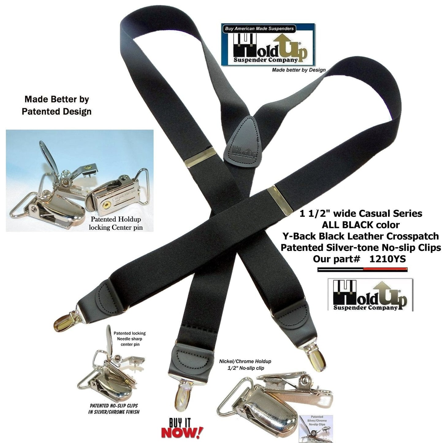 HoldUp Brand All Black Casual Series Y-back Suspenders with patented silver No-Slip clips