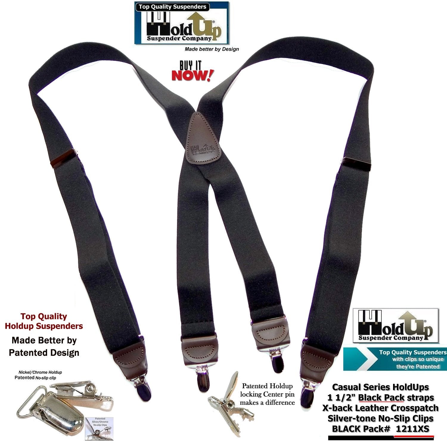 Mens Elastic No Slip Pin Clip x Back Suspenders With Leather Trim - Black  (Available in 2 Colors) 