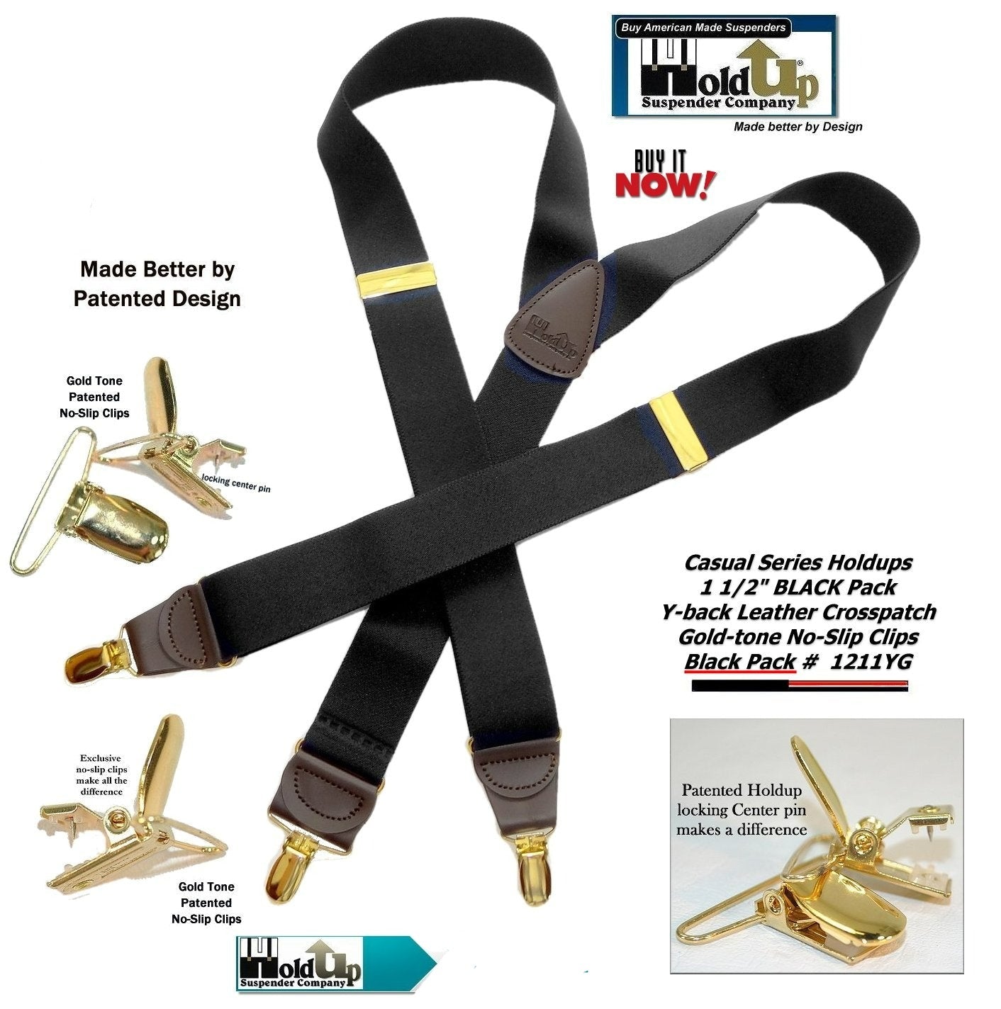 Holdup Brand Black Pack color Casual Series Y-back Suspenders with USA patented no-slip  Clips