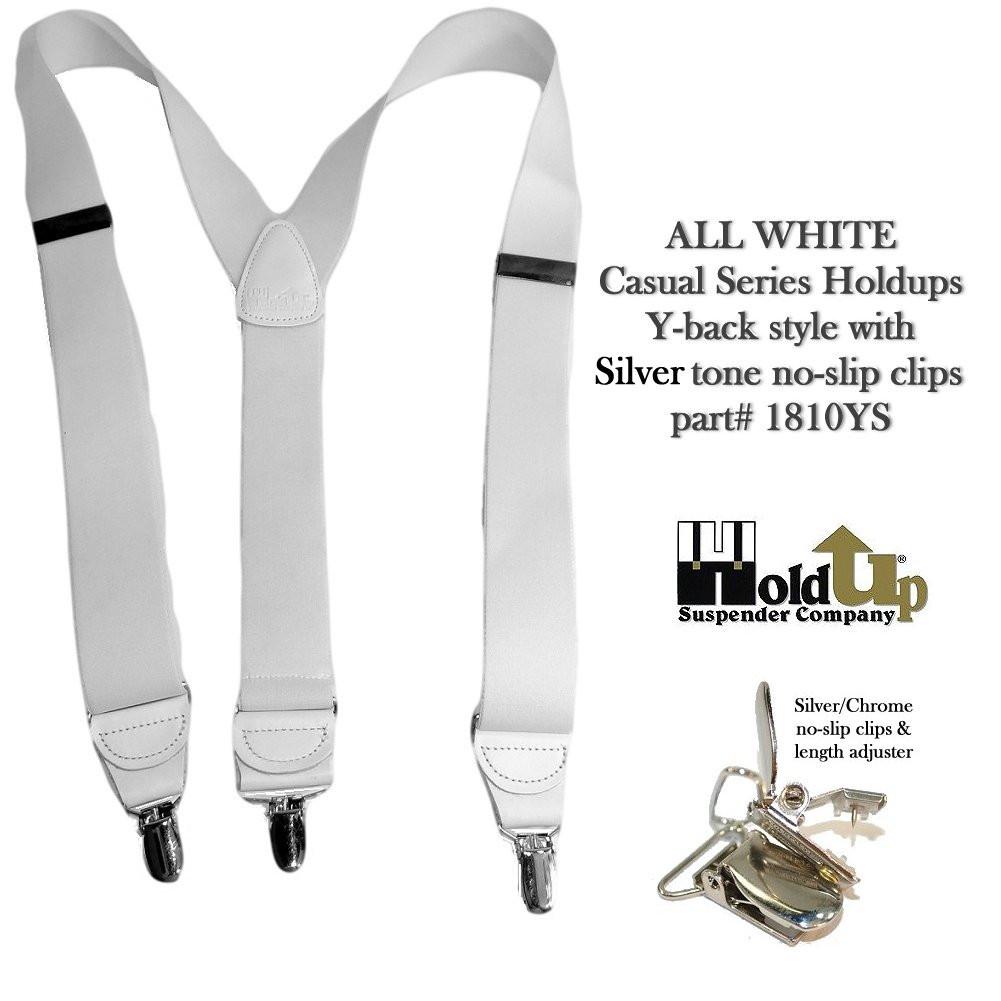 Hold-Ups All White 1 1/2" wide Casual Series Suspenders Y-back USA patented silver No slip clips